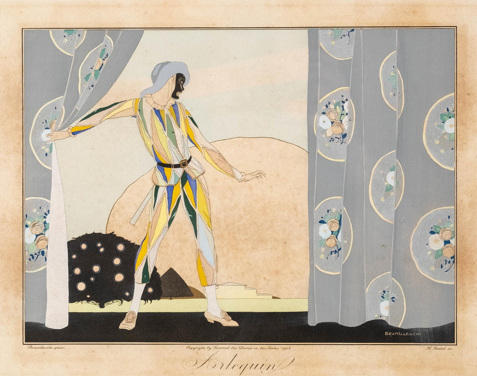 Umberto Brunelleschi Art Deco Hand Painted Pochoir Print “Arlequin, 1914 (1 of 9)