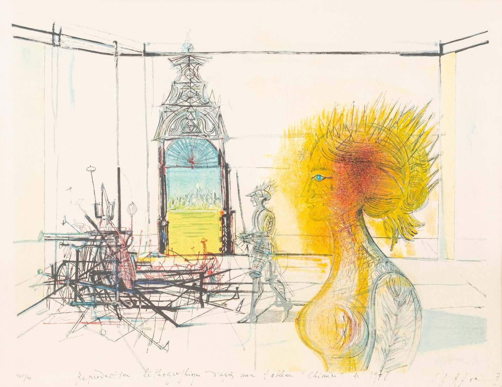 Jean Carzou Signed Limited Edition Surrealist Lithograph, Chimère, 1970: Keywords: Chimère, Surrealist, Modernist, Figural, Architectural Interior, French Art, Colored Lithograph, Nude Figure Summary: Jean Carzou pencil signed limited edition color lithograph print, numbe