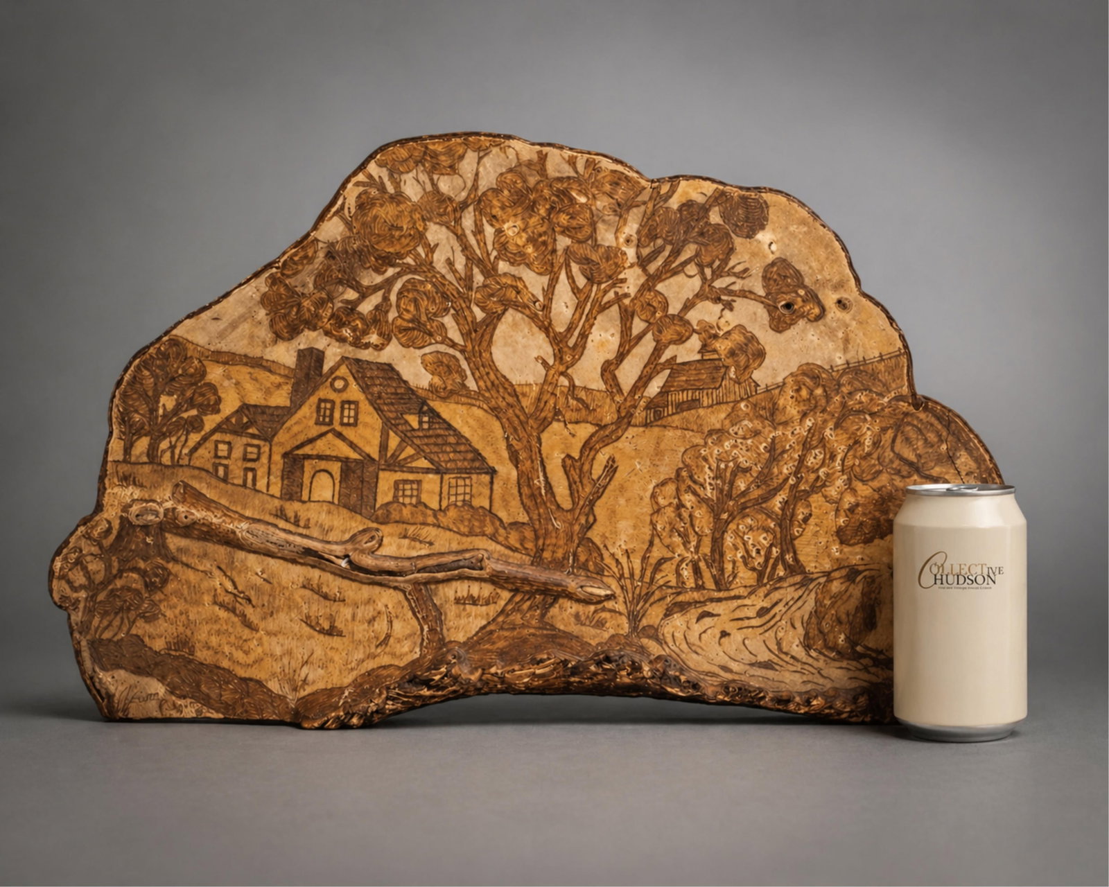Signed Landscape Folk Art Carved Mushroom: Keywords: NO RESERVE, folk art, carved wood, mushroom conk, landscape scene, rustic decor, cabin, trees, house, pyrography, hand carved, natural edge, woodland Summary: Signed folk art carved mushroom