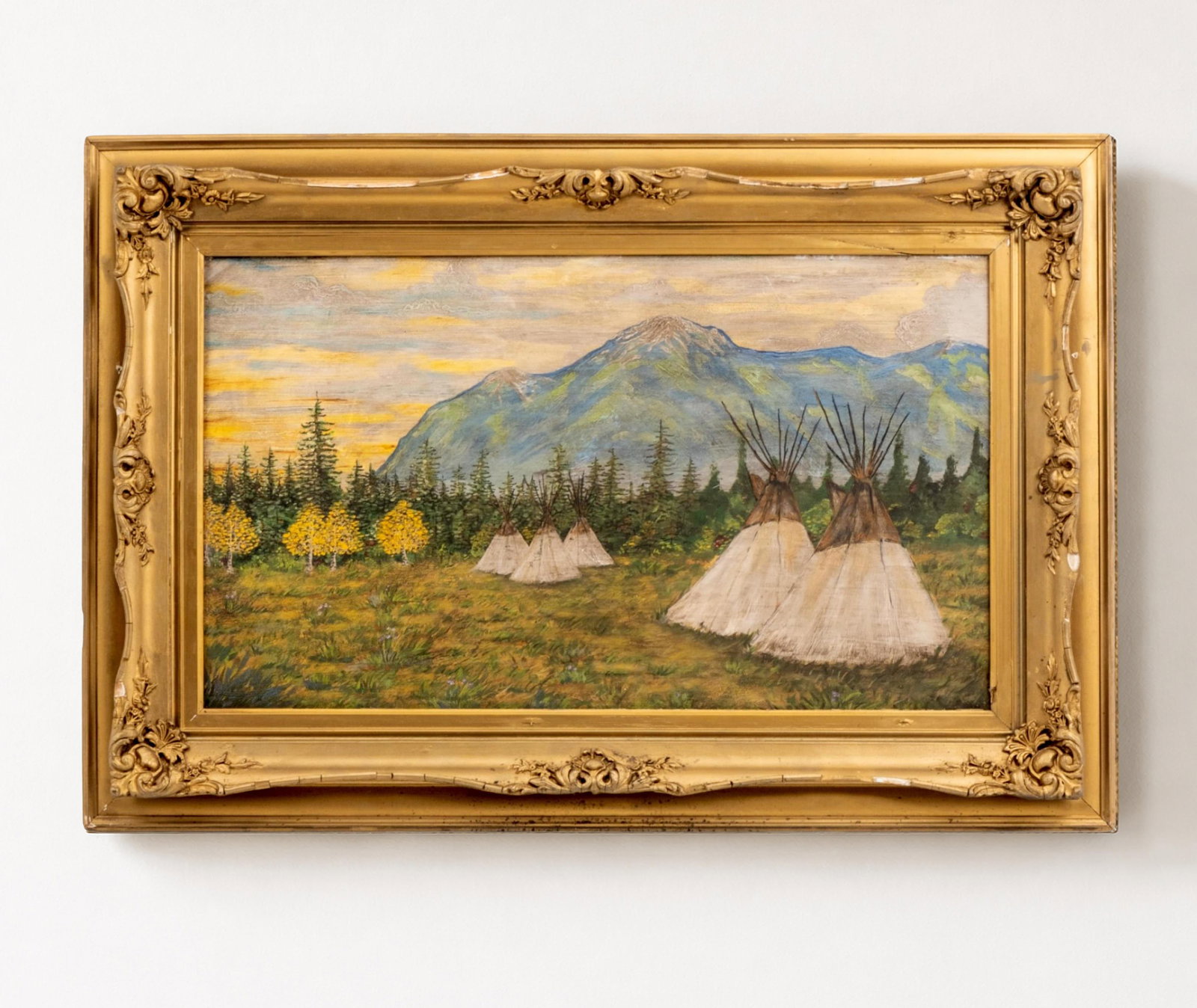 Native Western American Plains Indian Campground Oil Painting on Panel, 19th Century (1 of 17)