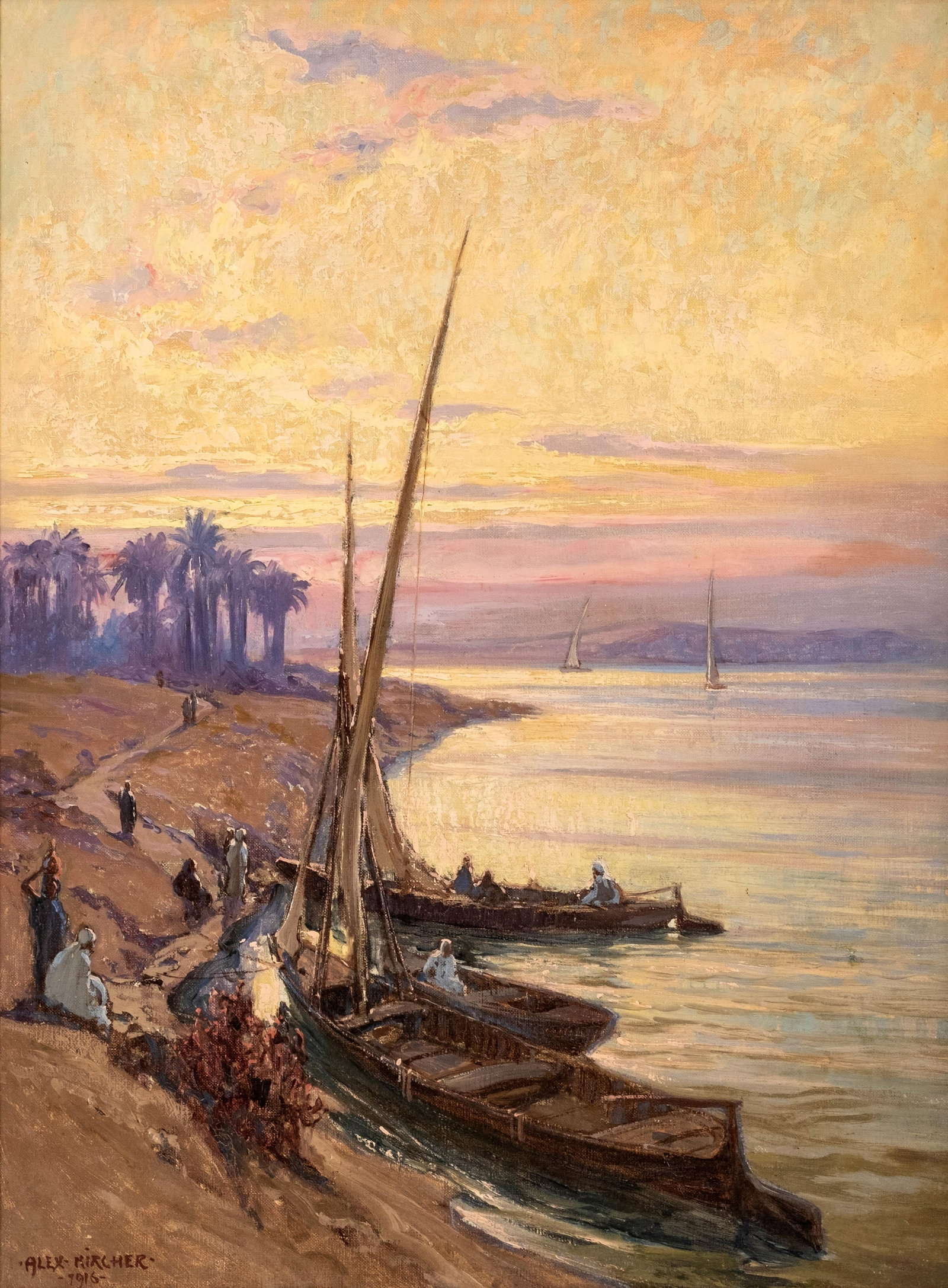 Alex Kircher Signed Orientalist Riverbank Sunset Oil Painting, 1916: Keywords: Orientalist, River Landscape, Sunset Scene, Boats, Sailboats, Figures, Palm Trees, Waterscape, Coastal Scene, Early 20th Century, Framed Painting, Impressionistic Landscape Summary: Alex Kir