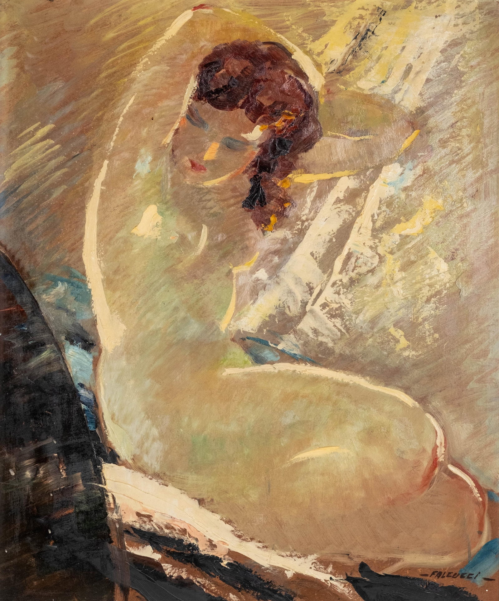 Robert Falcucci Signed Female Nude Oil on Hardboard Painting: Keywords: NO RESERVE, Expressionism, Modernism, School of Paris, Mid Century, Figurative Painting, 20th century, seated figure, nude study Summary: Robert Falcucci (1900-1989) Female nude. Oil Paintin