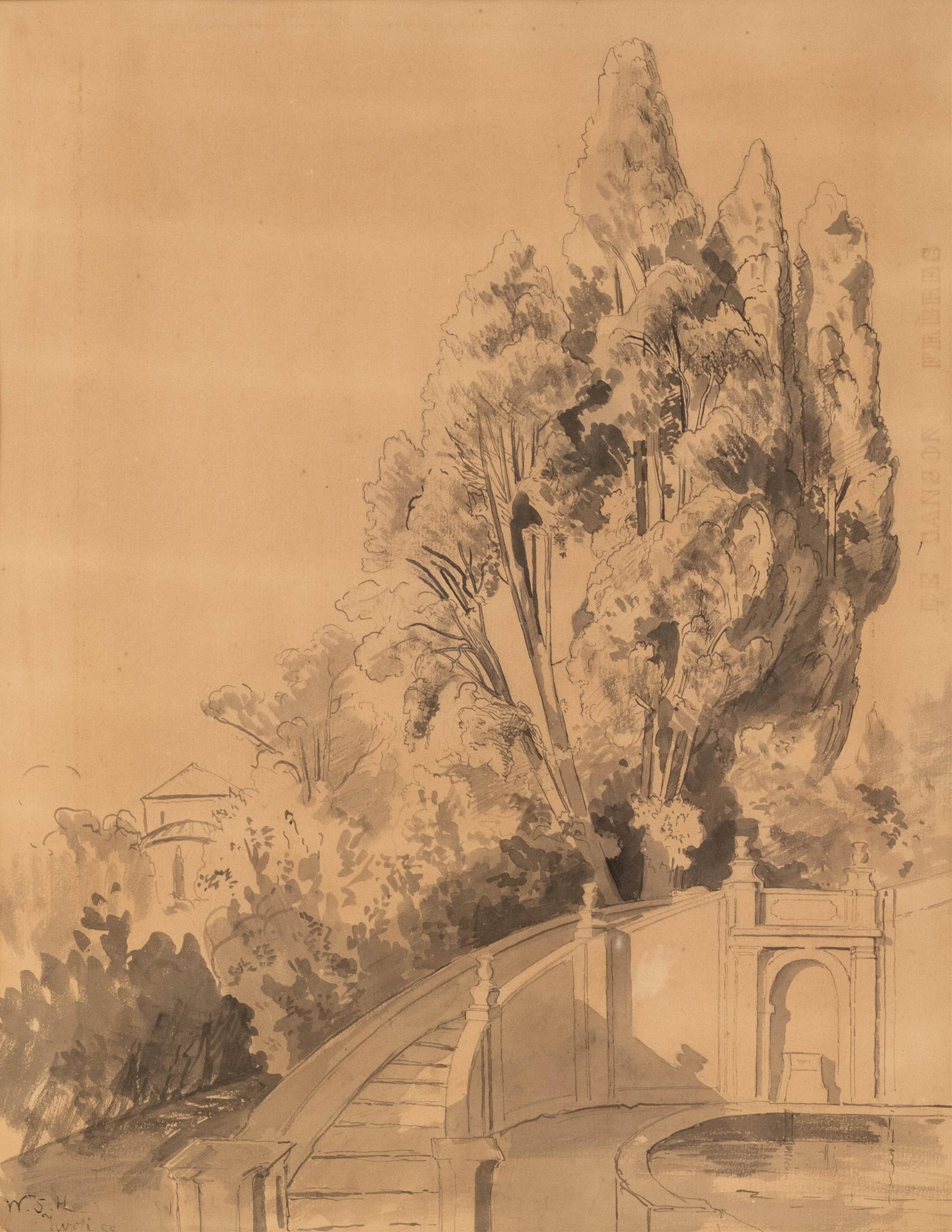 William Stanley Haseltine Tivoli 1858 Ink & Wash Painting of Villa d’Este Gardens, Signed: Keywords: NO RESERVE, American Artists in Europe. Italian Landscape Paintings, Italian Palazzo, Italian architecture, Italy, Tivoli Gardens Summary: William Stanley Haseltine (Philadelphia, 1835 – R