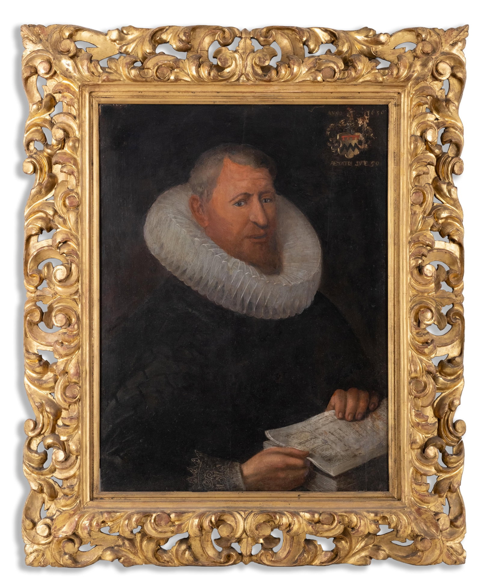 Old Master Portrait of a Noble Gentleman, 17th Century Oil on Panel Painting: Keywords: NO RESERVE, Old Master portrait, 17th century painting, Flemish school, Dutch Golden Age, ruff collar portrait, oil on canvas, nobleman portrait, coat of arms, antique carved giltwood frame,