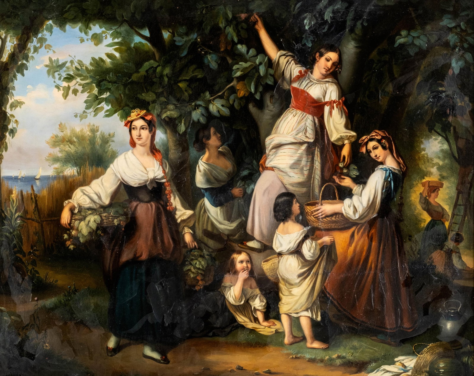 Charlemagne Guet, "Harvest", Oil on Canvas Painting, Early 19th Century: Keywords: NO RESERVE, Romanticism movement, Academic art style, Realism painting, French School painting, Neoclassical influence, Pastoral genre scene, Jean-Baptiste-Camille Corot style, Gustave Courb