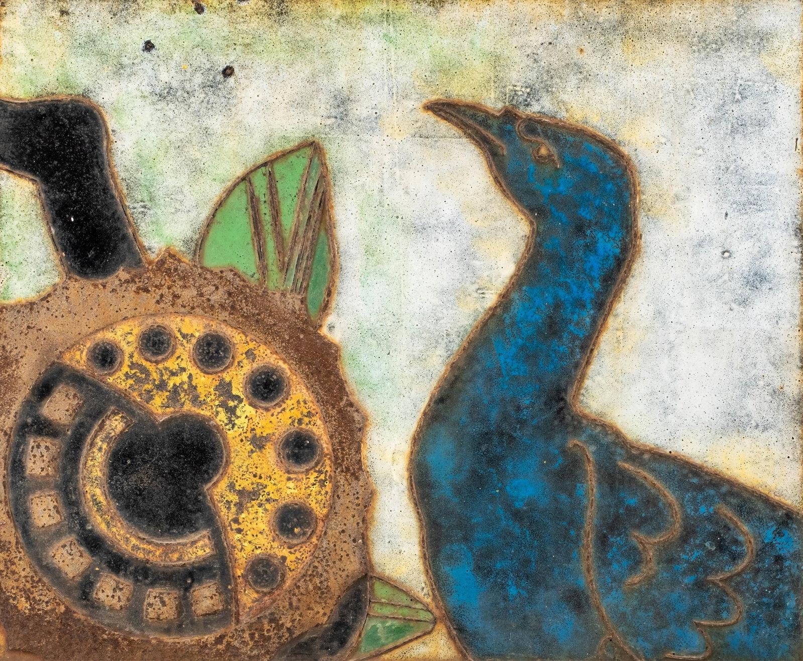 French Mid-Century Peacock Profile Enamel on Steel Plaque: Keywords: No reserve, French, Mid-Century, Peacock, Bird Plaque, Enamel on Steel, Enamel on Metal, Wall Plaque, Modernist, Stylized Bird, Blue Peacock, Decorative Panel, Abstract Design, Circa 1950, S