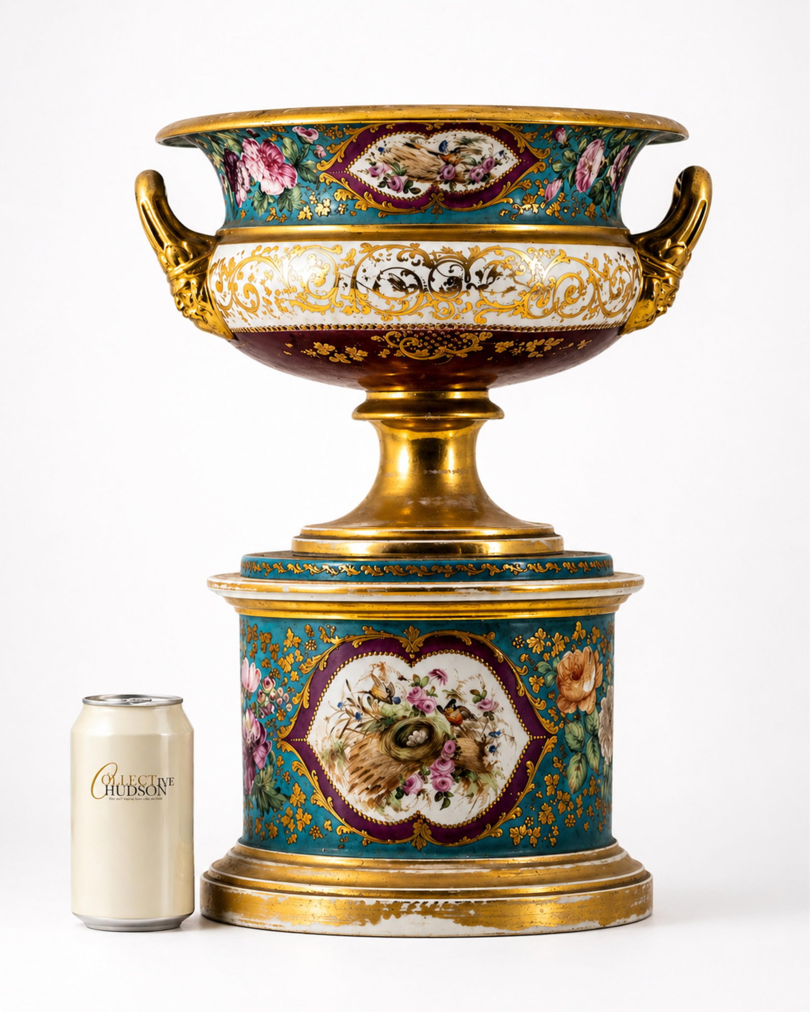 Old Paris French fine Porcelain Jardiniere Planter On Plinth, Circa 1840: Keywords: No Reserve, Old Paris, Sevres style, jardiniere, porcelain, French porcelain, 19th century, circa 1840, hand painted, gilt decoration, floral decoration, bird motif, Empire style, decorative