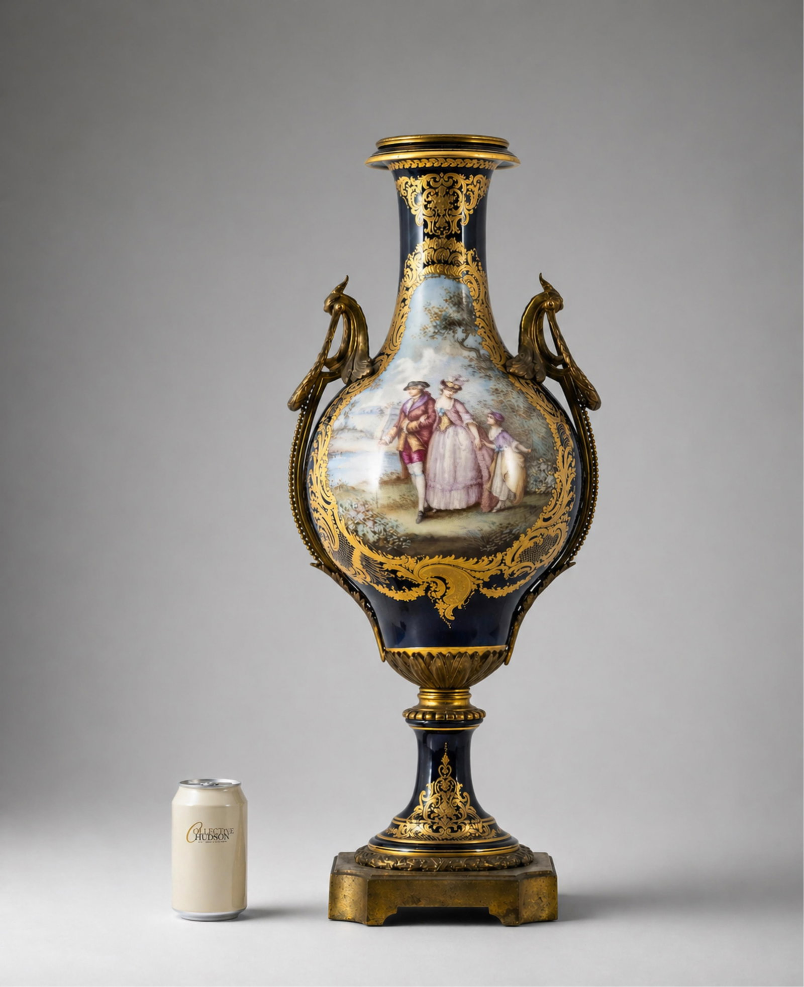 L. Bertren Signed Tall Sevres Porcelain Antique Tall Bronze Mounted Vase: Keywords: French porcelain, Sevres, 19th Century Ceramics, hand painted, gallant scene, landscape scene, figural decoration, gilt bronze mount, gilt decoration, ormolu mount, porcelain urn, decorative