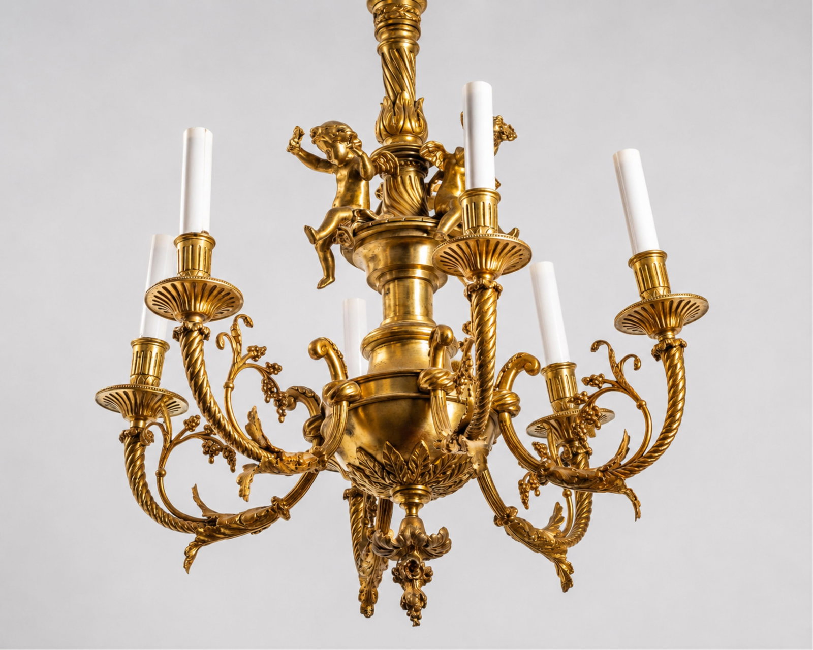 Chandelier, French gilt bronze, decorations of foliage with cherubs . Louis XVI style, late 19th: Keywords: NO RESERVE, Chandelier, gilt bronze Antique Lighting, Pendant Chandelier, Louis XVI style, late 19th century Summary: Wonderful French Bronze Chandelier, gilded bronze with six lights and de