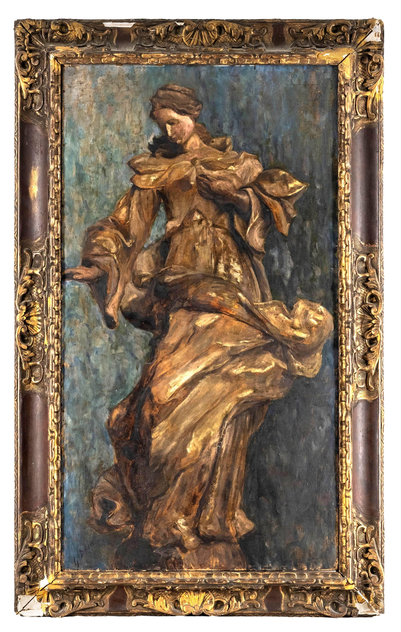 Signed Baroque Style Oil On Panel Painting, 19th Century: Keywords: Baroque, religious art, Madonna and Child, Virgin Mary, figural composition, devotional subject, old master, gilt frame, European school, antique frame Summary: Oil on panel painting depicti