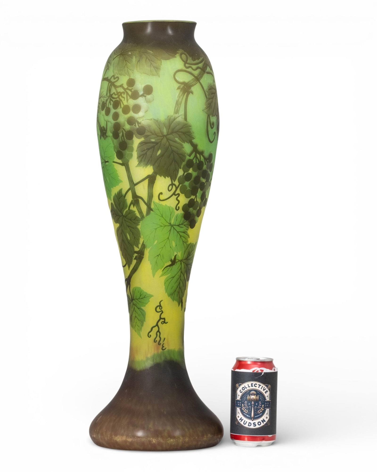 Tall 24-in Émile Gallé Signed French Art Nouveau Grape Motif Cameo Glass Vase, Circa 1900,: Keywords: No Reserve, Art Nouveau glass, French cameo glass, grape vine motif, vineyard design, acid-etched glass, signed Gallé, botanical glass, antique French vase, layered glass, early 20th centur