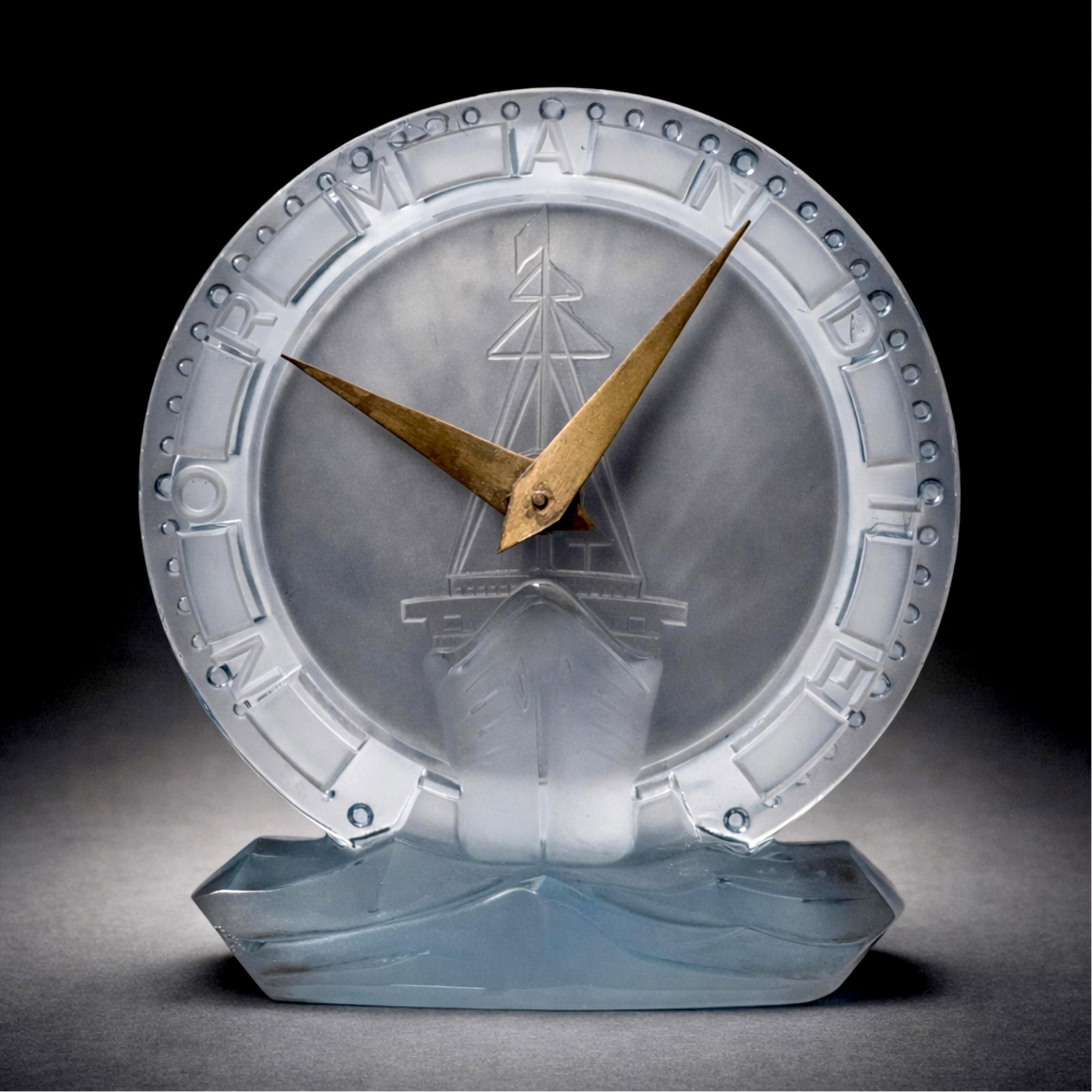 René Lalique and Léon Hatot Very Rare SS Normandie Maiden Voyage Art Deco Clock, 1935: Keywords: No Reserve, ATO, René LALIQUE, SS Normandie, Table Clock, French art deco, iconic design, Art Glass, Famous Ocean Liner, Maiden voyage Summary: René Lalique French Art Deco blue molded gla