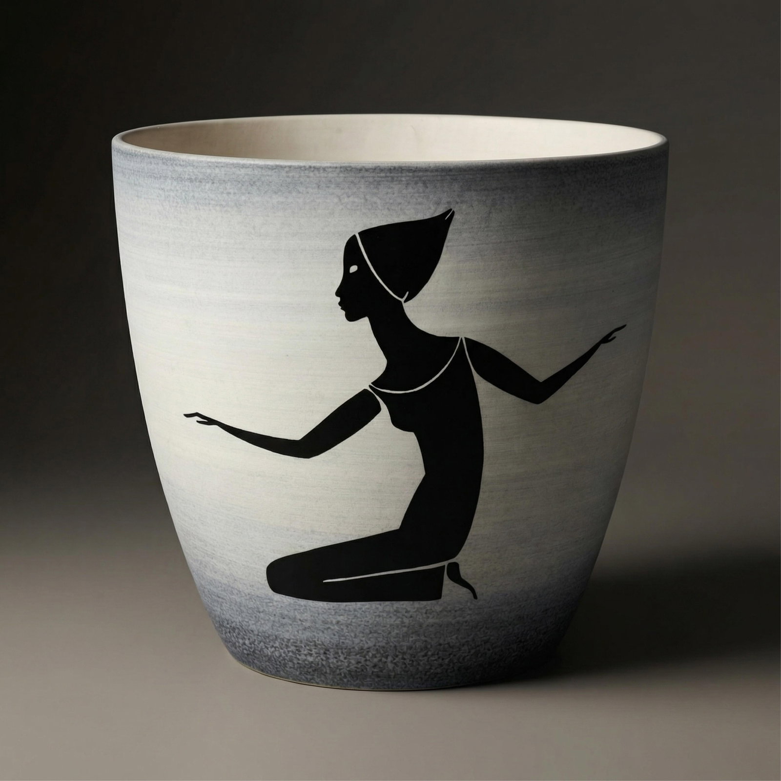Sèvres Signed Milet Mid-Century Modern Porcelain Planter: Keywords: Art Deco Revival, Egyptian Revival, stylized figure, black silhouette, figural motif, modernist décor, monochrome palette, grisaille glaze, French ceramics, hand-painted decoration, decorat