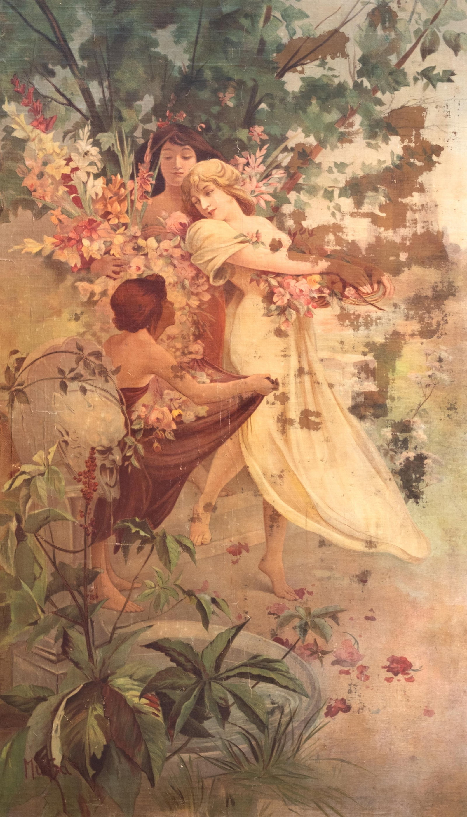 Alphonse Mucha After Flowers Art Nouveau Antique Poster On Panel, Signed: Keywords: Fleurs, 1894, Camis publisher, pastoral scene, figural scene, floral scene, decorative arts, printed work, wall decor, female figures Summary: Alphonse Mucha after Flowers / Fleurs, Art Nouv