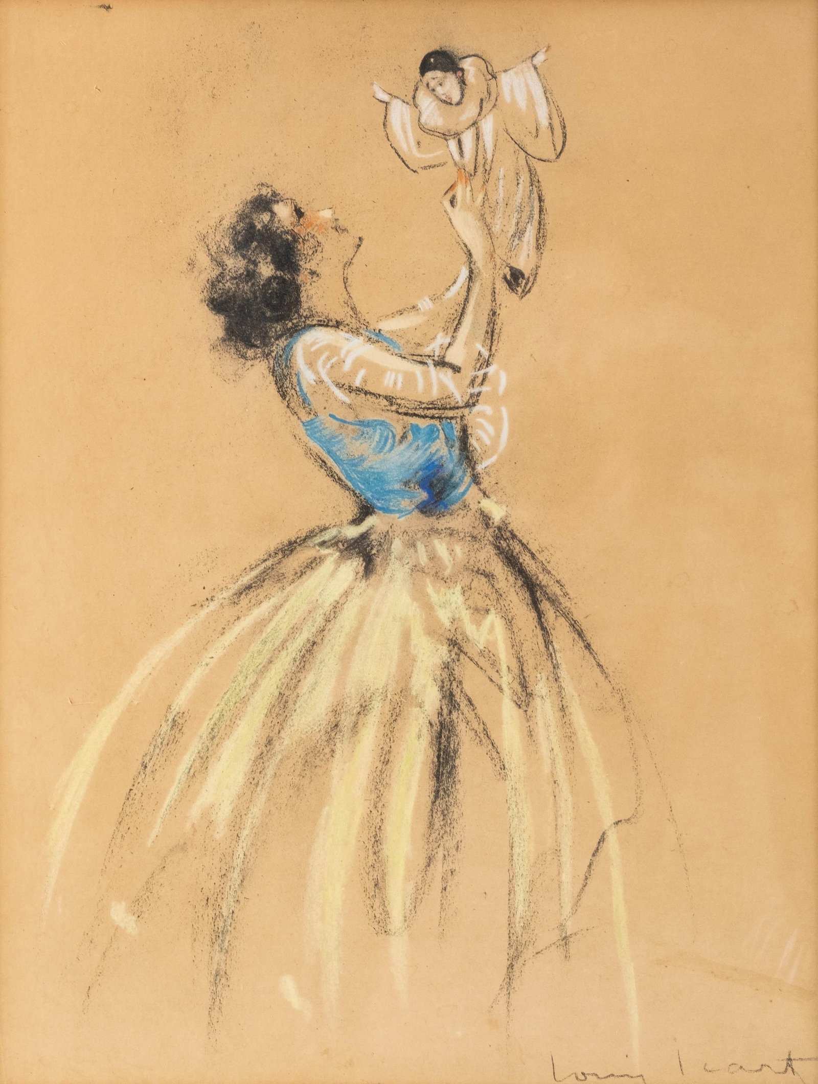 Louis Icart Young Woman Holding a Pierrot Original Pastel Drawing / Painting, hand signed: Keywords: NO RESERVE, Pierrot drawing, young woman drawing, French pastel, figural pastel, costume study, theatrical figure, cabaret style, romantic figure, signed pastel, pastel on paper, French art,