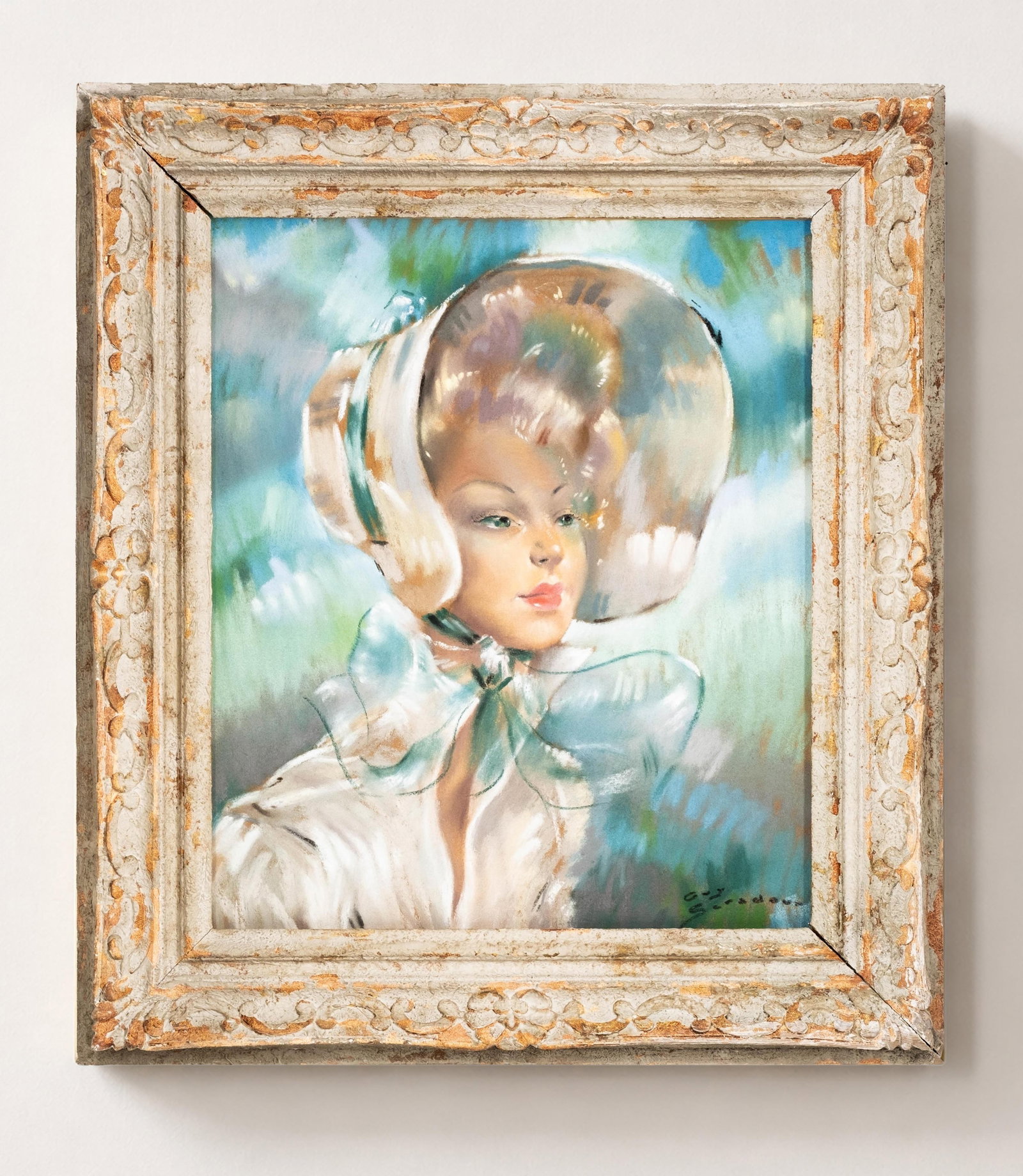 Guy Seradour Signed, *Elegance in Hat*, Pastel on Cardboard Painting: Keywords: NO RESERVE, Mid Century Modern, Gabriel Domergue Style, French School, 1950s Art, Modernist Portraiture, Post War Art, Figurative Study, high fashion portrait, stylized female figure, coutur