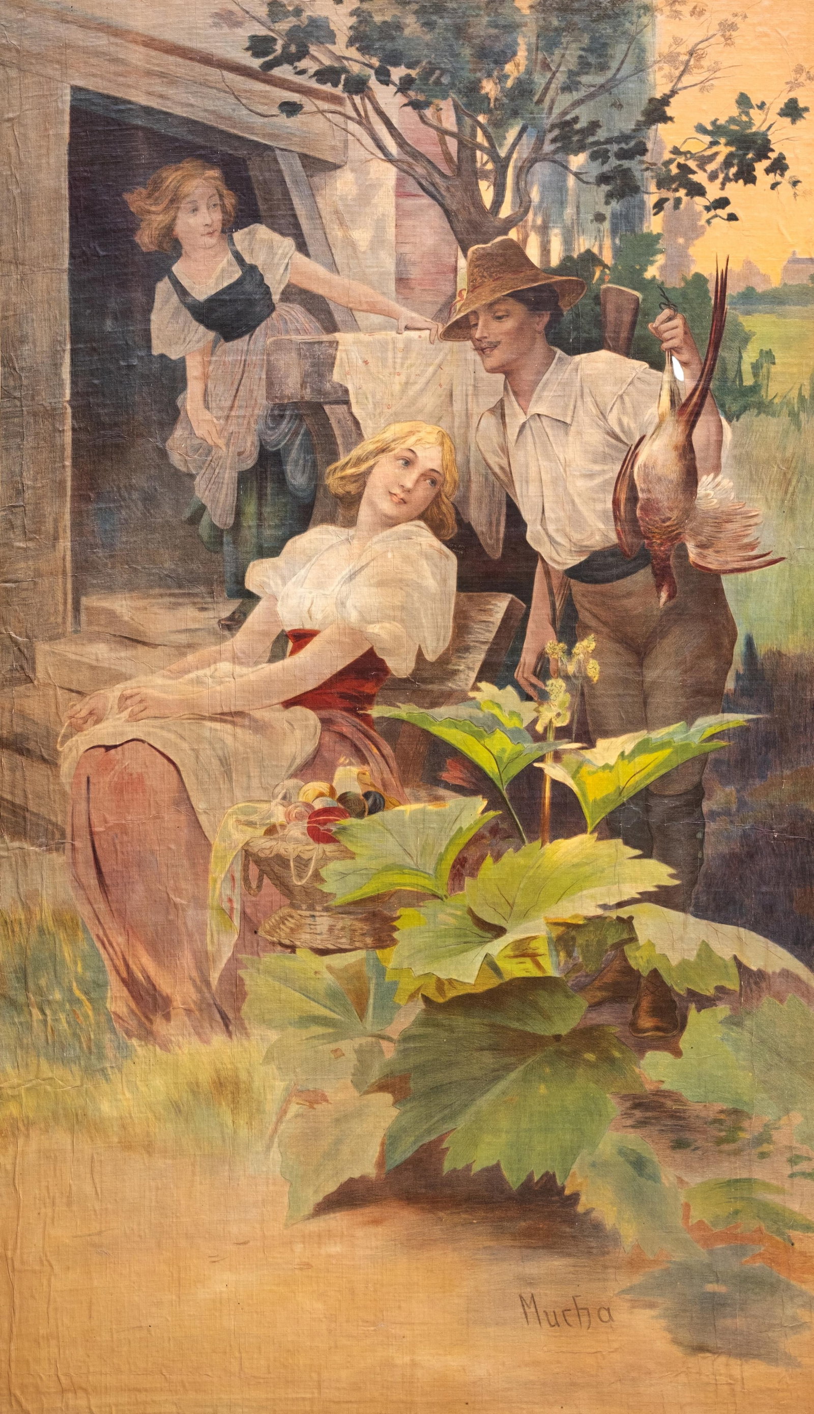 Alphonse Mucha Signed The Hunt 1894 Vintage Art Nouveau Poster Mounted on Canvas: Keywords: NO RESERVE, Art Nouveau, 1894, figural scene, hunting scene, decorative arts, female figures, outdoor scene, printed work Summary: Alphonse Mucha after The Hunt / La Chasse Art Nouveau poste