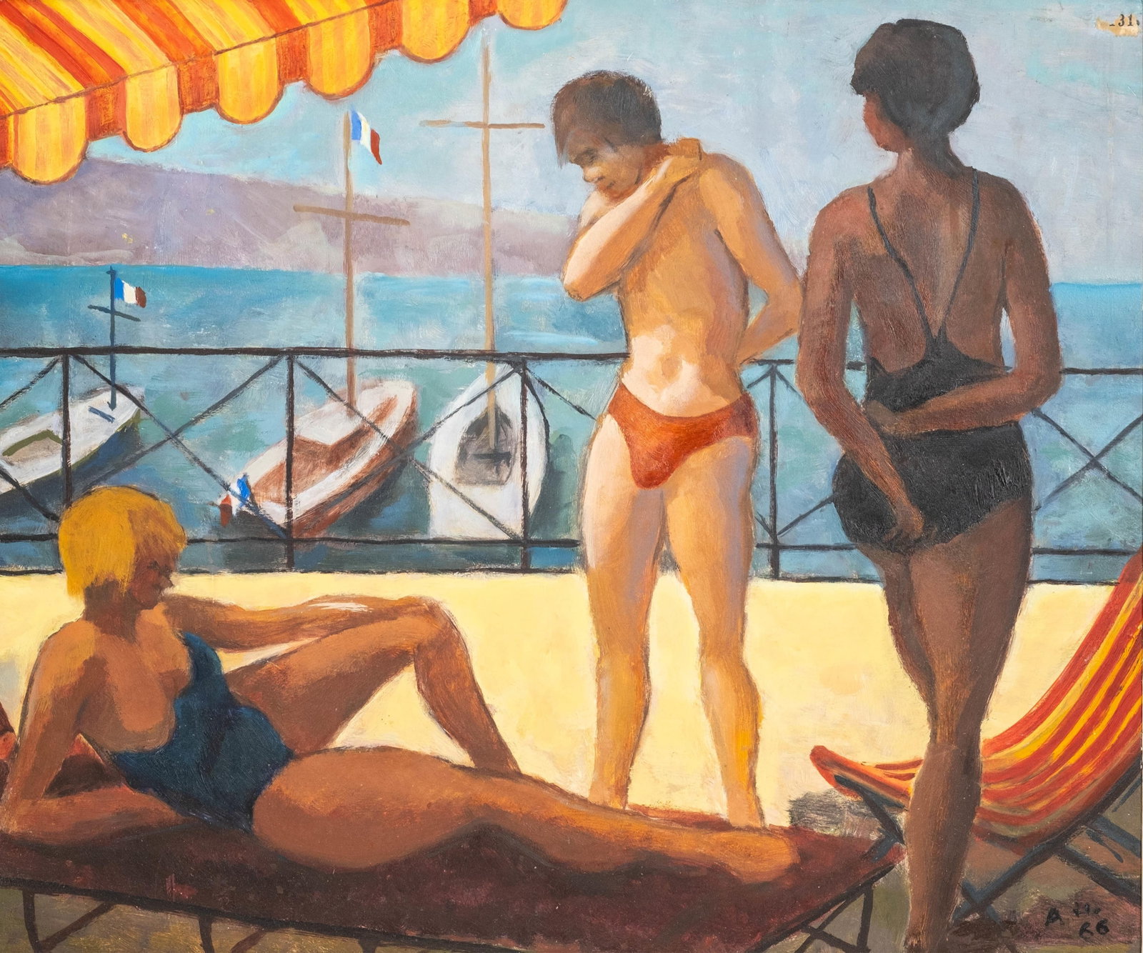 Alan Falk *Bathers*, Oil Painting on Board, Monogrammed “AH and Dated 1966: Keywords: NO RESERVE, Modernism, Postwar European, Figurative painting, Coastal scene, Leisure subject, Harbor view, Mid century, French Riviera , Marine setting, 1960s era, Decorative composition, Co