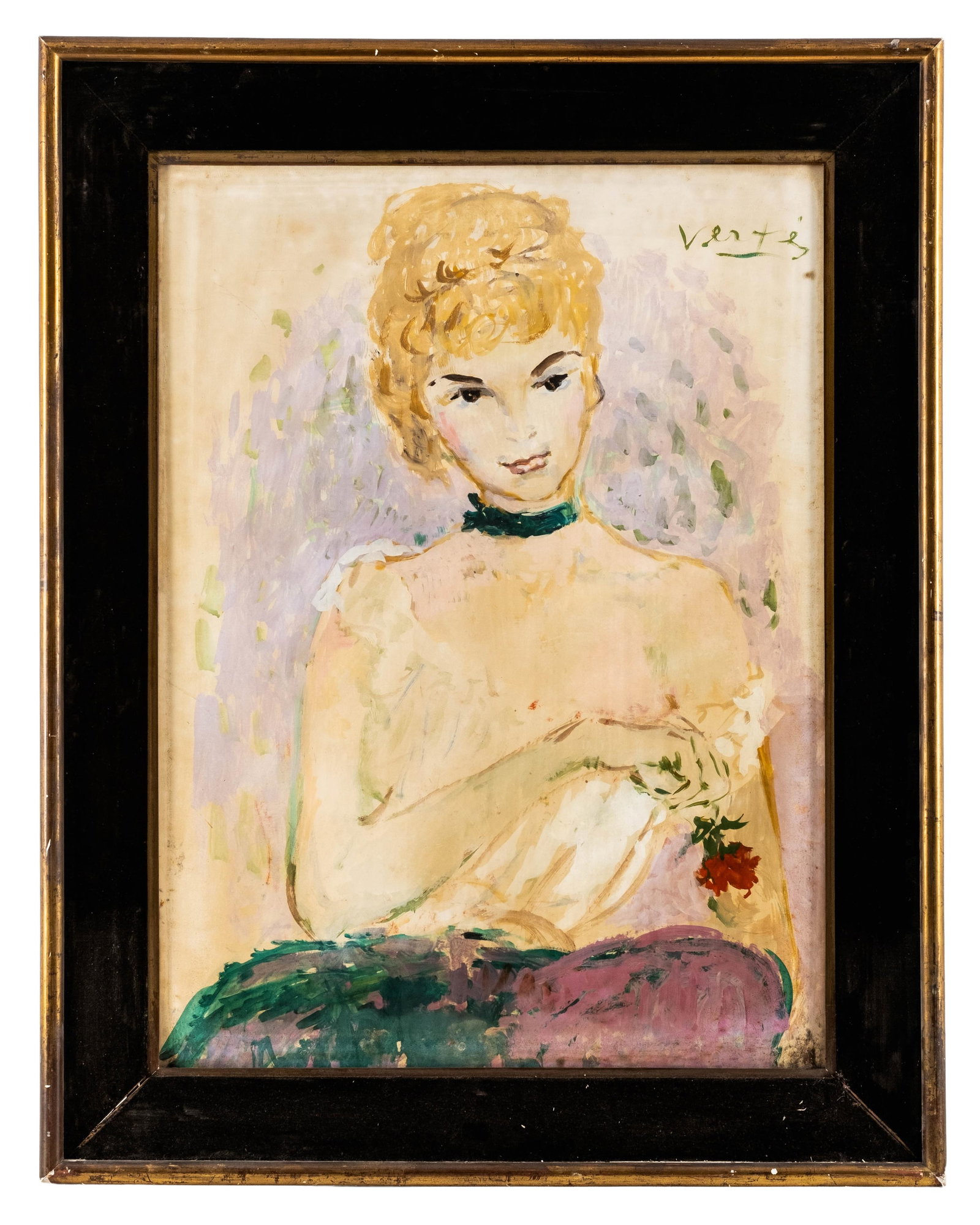 Marcel Vertès Signed larger Gouache Watercolor Painting of a Ballerina: Keywords: NO RESERVE, ballerina, dancer portrait, watercolor on paper, signed watercolor, theatrical portrait, costume study, female figure, Hungarian artist, Paris school, cabaret style, framed artwo