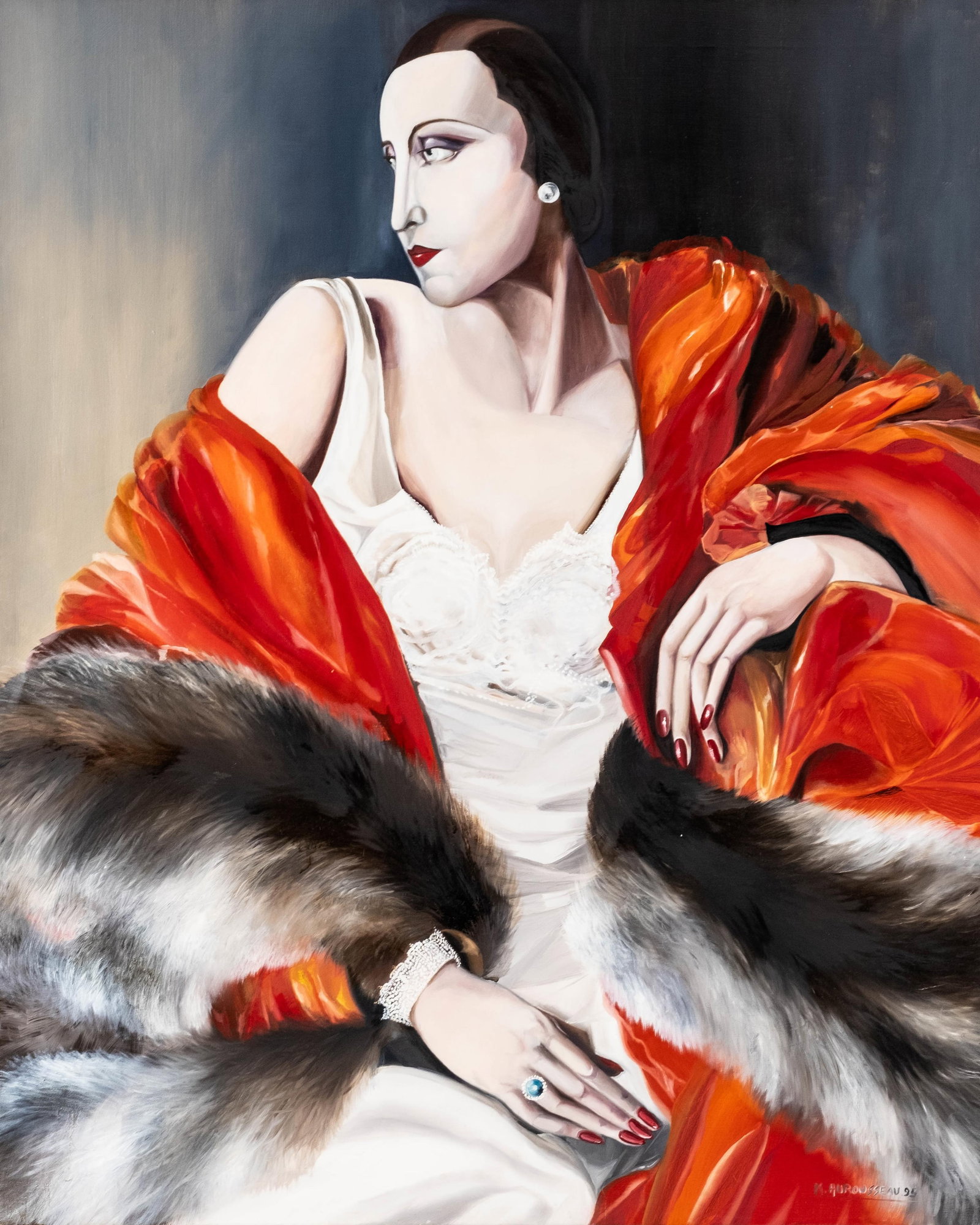 Michel Aurousseau Signed Tamara de Lempicka Style Art Deco Painting: Keywords: NO RESERVE, Tamara de Lempicka, Art Deco style, portrait, woman, fur stole, red shawl, oil on canvas, Jewelry, ring, bracelet, figural, modern painting Summary: Michel Aurousseau oil on canv