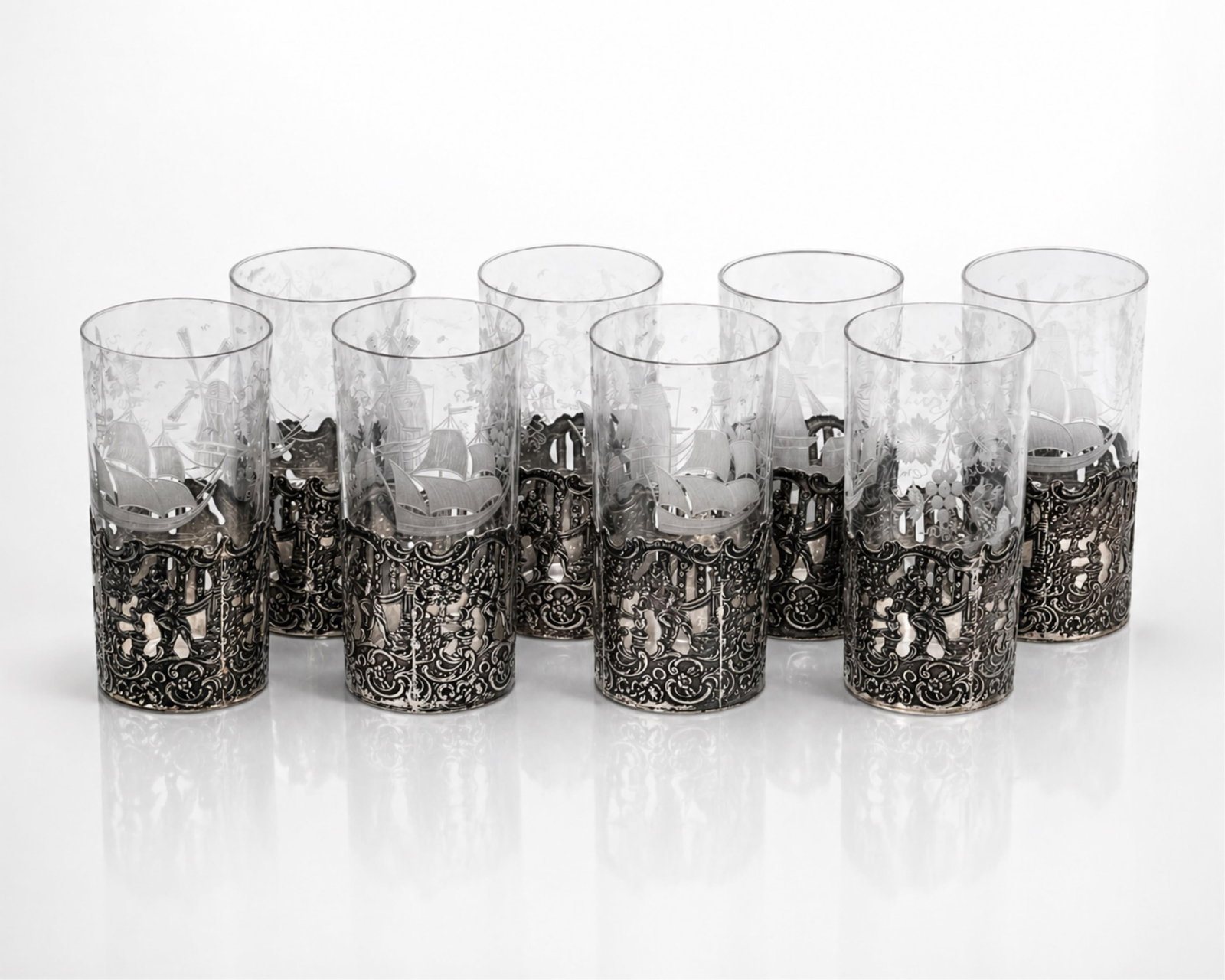 Set Of 8 Circa 1900 Sterling Silver Art Nouveau Mounted Etched Glasses (1 of 6)