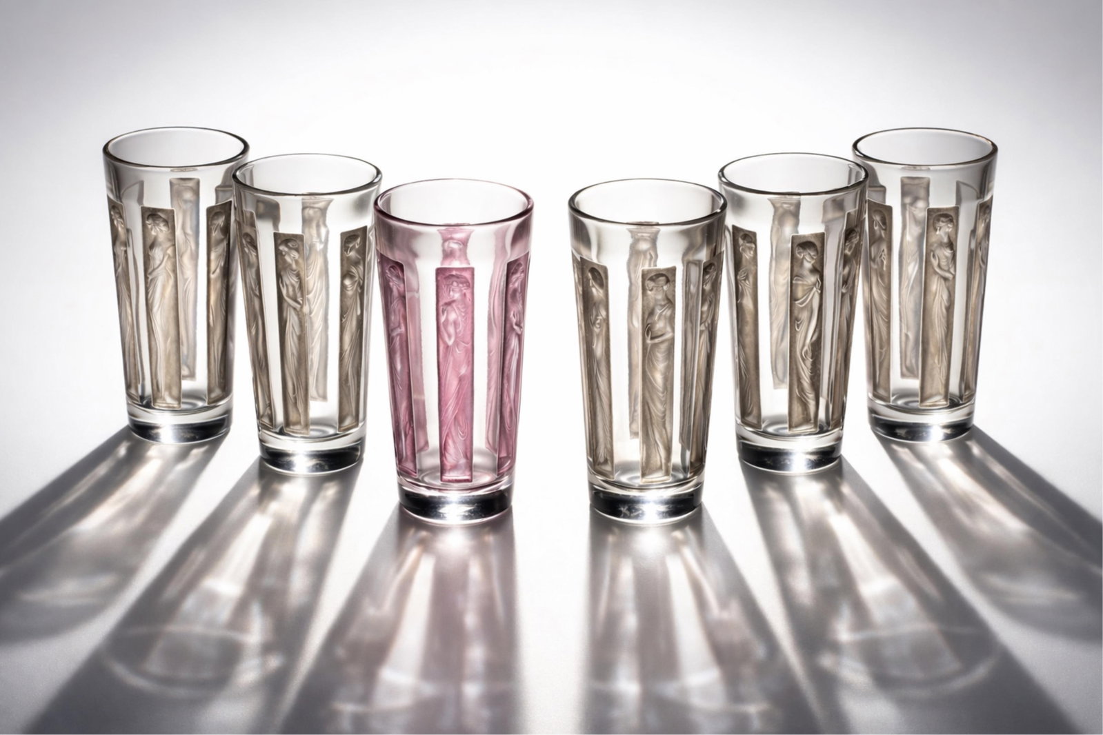 Rare Lalique “Figurines Cased Set of 6 Frosted Glass Goblets, , Circa 1930 (1 of 8)