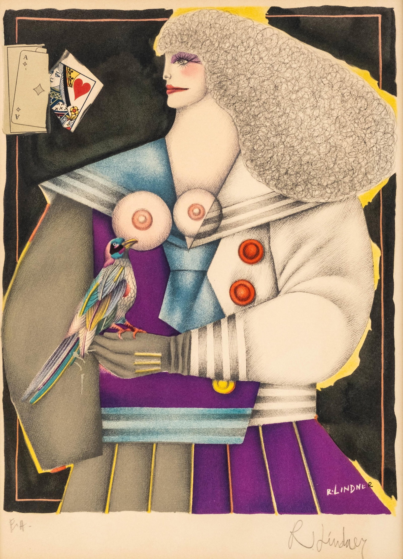Richard Lindner, Double Signed Artist Proof Lithograph, *Queen of Hearts*: Keywords: No reserve, artist proof, signed limited edition lithograph, figural print, modern pop art, surreal figural image, colorful print, framed print Summary: Richard Lindner lithograph on paper t