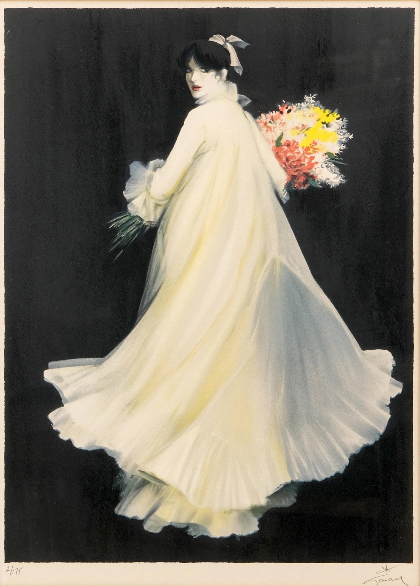 René Gruau, Signed & Numbered Lithograph, “The Bouquet, Edition 2/175: Keywords: fashion illustration, haute couture, 20th century art, signed lithograph, limited edition print, French artist, figure in gown, floral bouquet, gilded frame, fashion advertising, mid-century