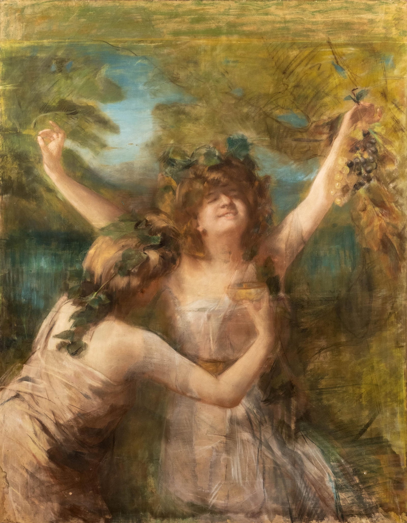 Antoine Calbet, 19th Century French School Art Nouveau Bacchante Pastel on Canvas In the Style of: Keywords: NO RESERVE, bacchante, pastel on canvas, allegorical figure, female figures, grapes, art nouveau, symbolist Summary: Antoine Calbet.unsigned French school pastel on canvas from the late 19th