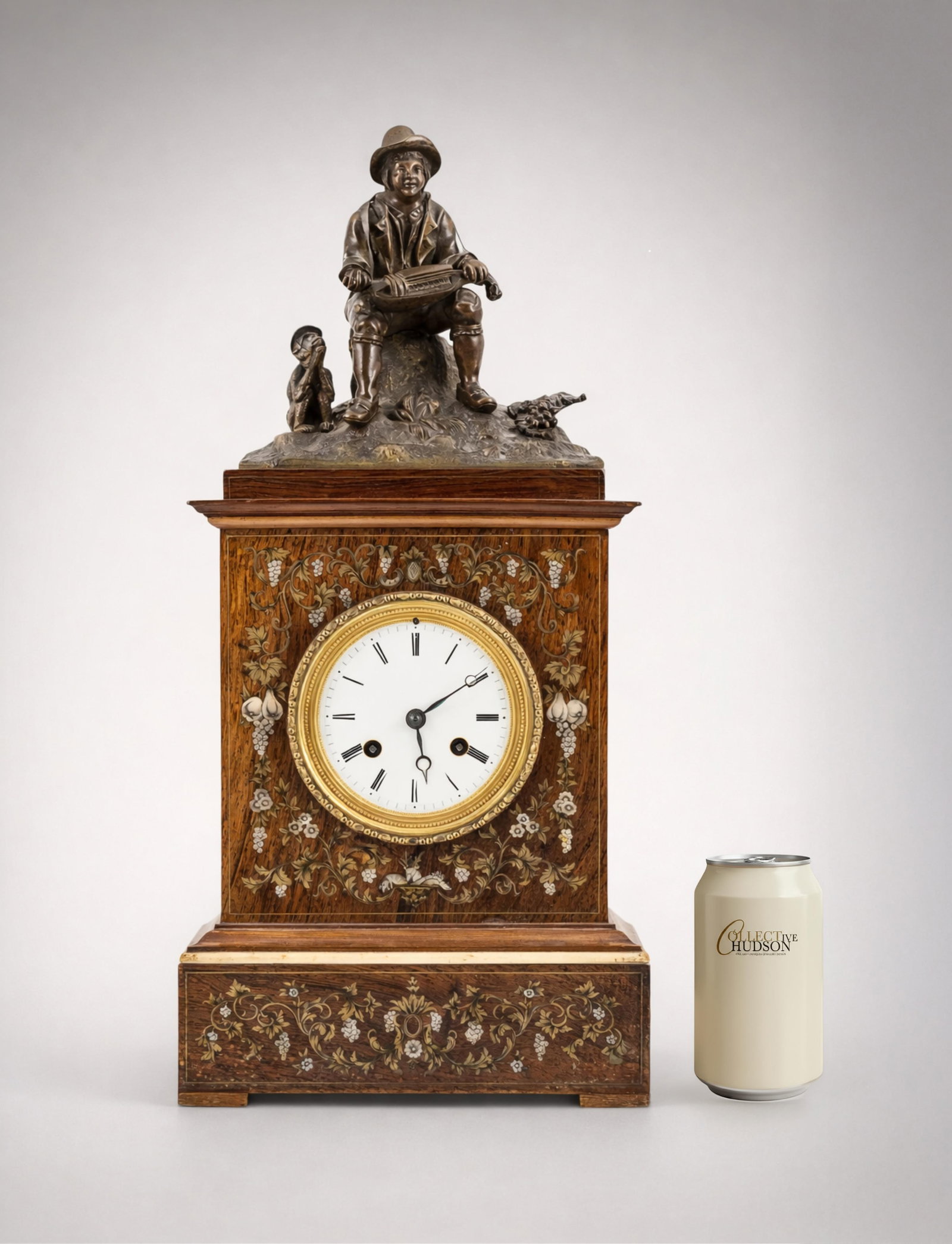 French Napoleon III Rosewood Marquetry Mantel Clock with Bronze Figural Group, Pons Medaille d’Or: Keywords: NO RESERVE, Napoleon III, French Second Empire, 19th Century, Victorian Era, rosewood case, brass inlay marquetry, figural bronze mount, mantel clock Summary: French mantel clock of borne fo