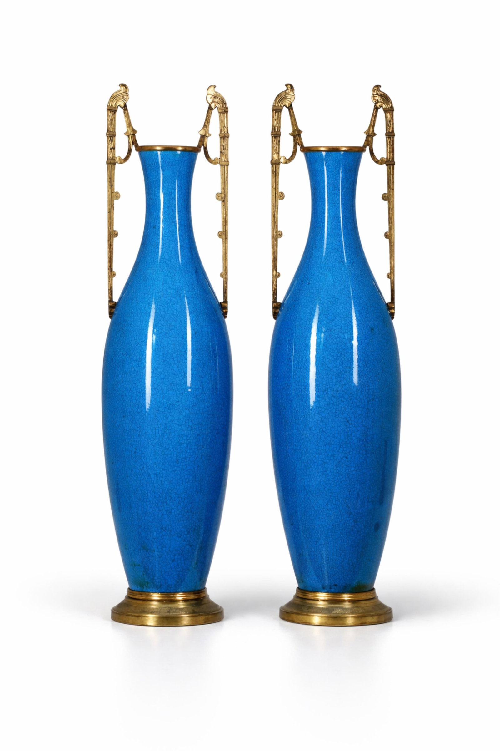 French Sevres Art Deco Blue Crackle-Glazed Porcelain and Gilt Bronze Vases, Paris: Keywords: NO RESERVE, French Art Deco, Paris porcelain, blue crackle glaze, craquelure glaze, gilt bronze mounts, mounted vases, Sèvres style, decorative ceramics, European decorative art, interior d