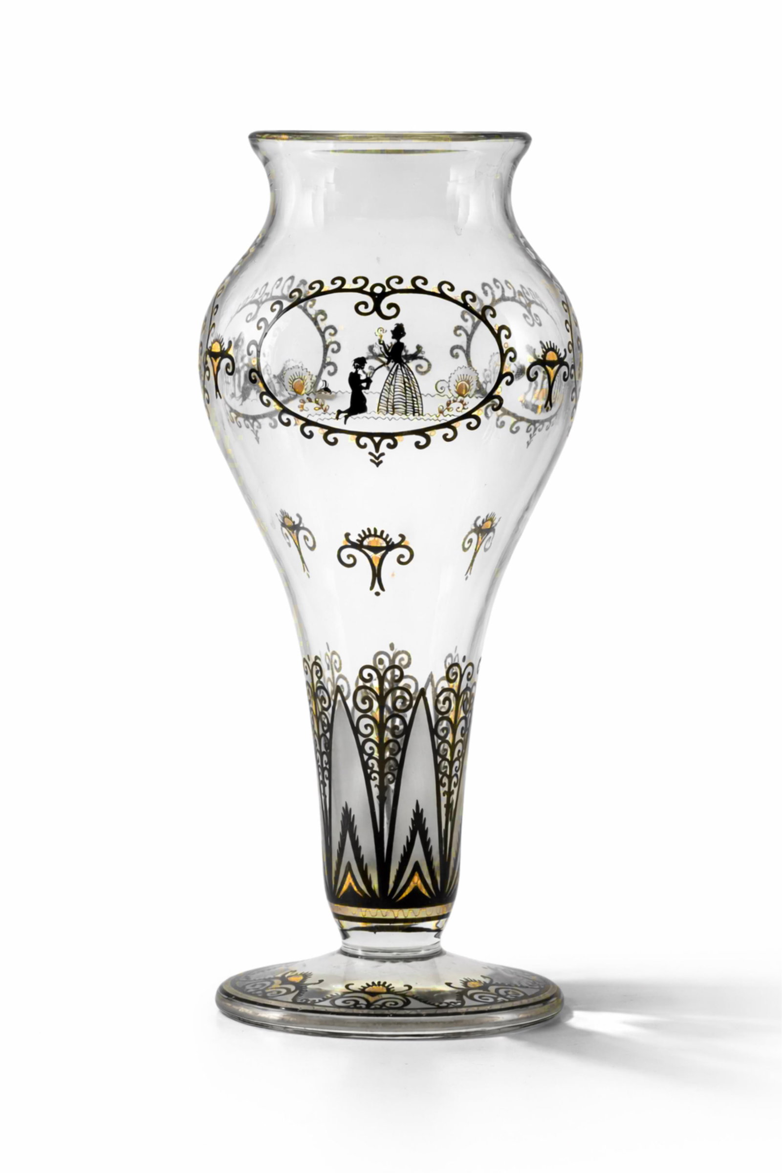 Adolf Beckert Art Nouveau Black and Gilt Enameled Figural decorated Glass Vase: Keywords: NO RESERVE, art nouveau, enameled glass, black enamel, figural decoration, lady and gentleman, romantic scene, floral motif, decorative vase, clear glass, continental glass, antique glass, p
