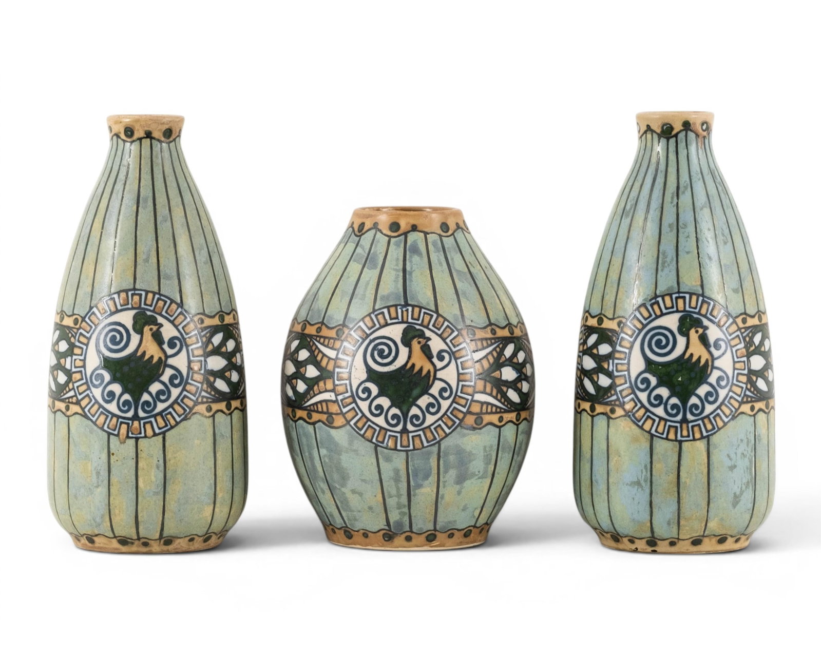 Art Deco Charles Catteau Grès Keramis Garniture of Three Rooster Vases, D.635 (1 of 10)