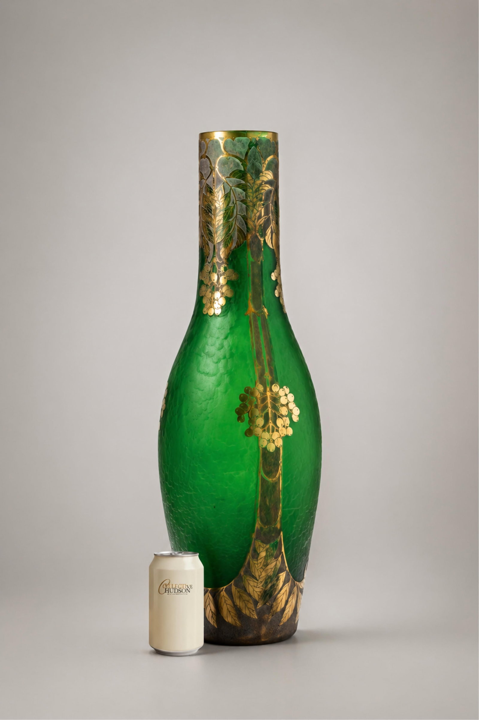Legras signed Tall 26-inch Sonderland French Art Nouveau Art Glass Vase, Circa 1900's: Keywords: Belle Epoque, France, Saint-Denis, botanical motif, vine leaves, gilded decoration, acid-etched surface, textured surface, centerpiece, early 20th century design, studio art vessel, decorati