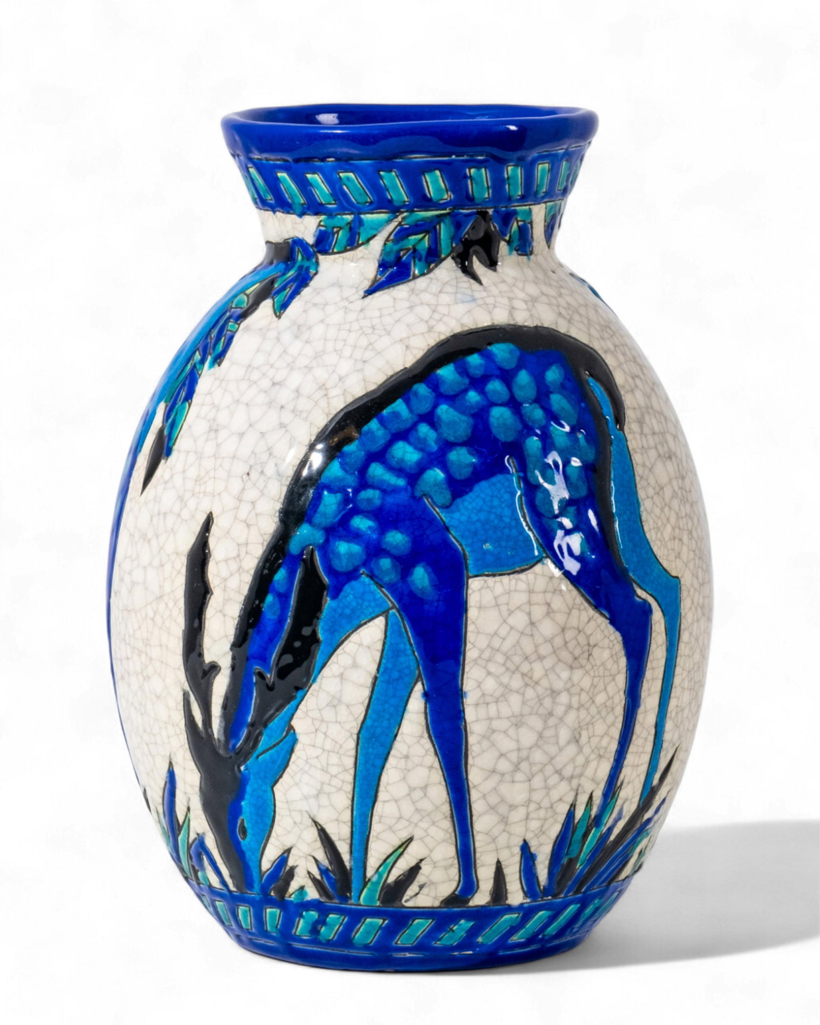Charles Catteau For Boch Keramis Art Deco Cobalt Blue Deer Vase, Circa 1930: Keywords: Art Pottery, Belgian ceramic, antelope, decorative arts, interior design accent, collectible studio pottery, animal motif, crackle glaze, Belgium Summary: Charles Catteau for Boch Frères Ke