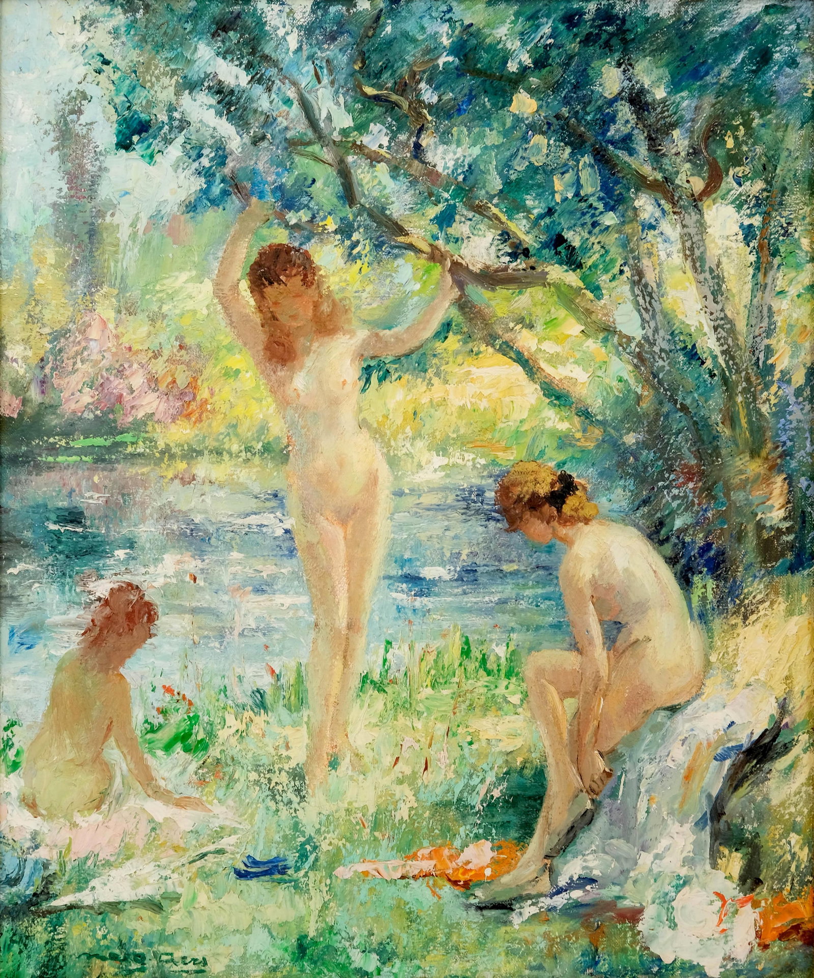 Marguerite Aers Signed Impressionist Oil on Canvas Painting: Keywords: Belgian artist, modern impressionism, oil on canvas, riverside bathers, female nudes, figural landscape, river scene, Paris school, European fine art, mid-20th century, plein-air brushwork S