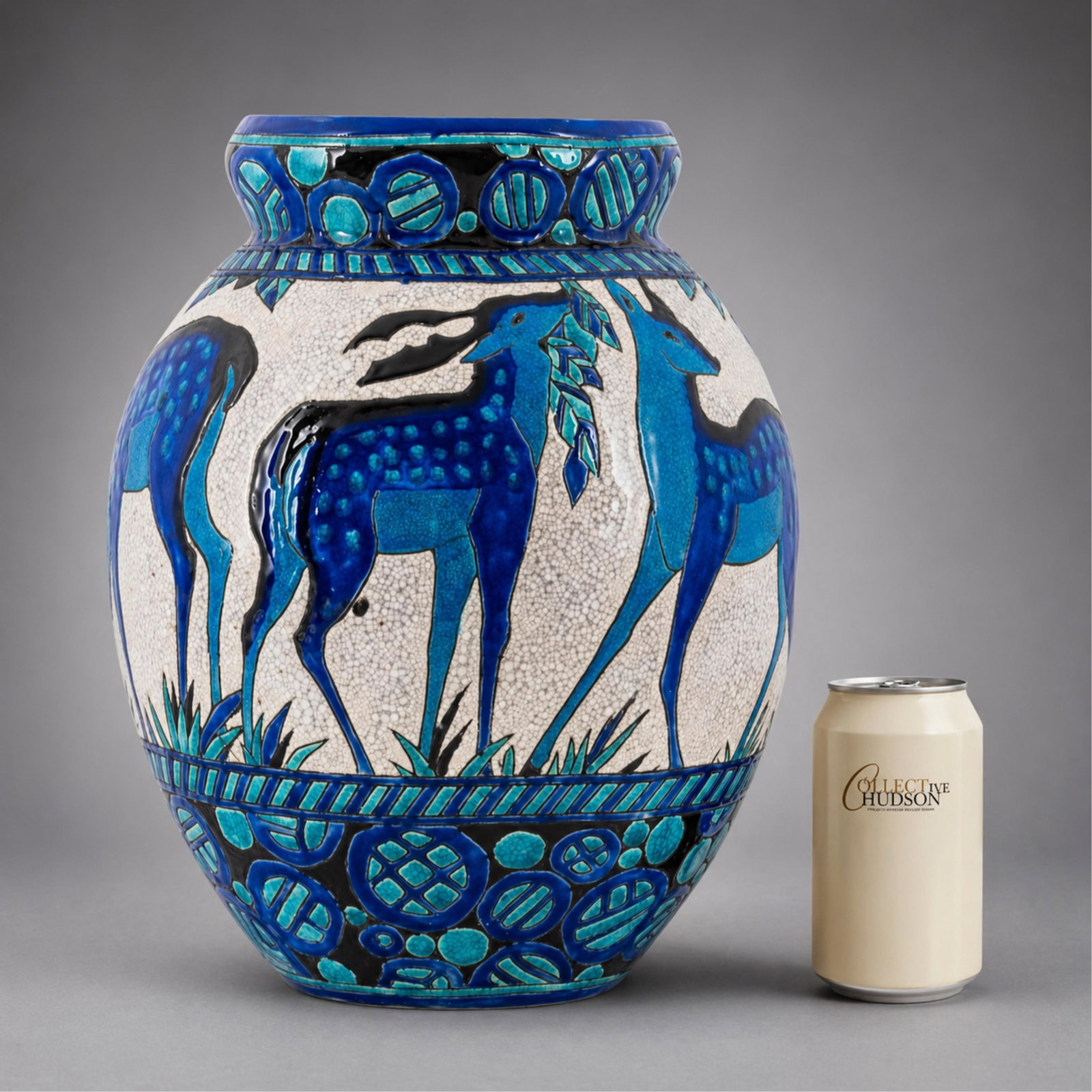 Charles Catteau Boch Freres Keramis Art Deco Deer Ceramic Vase: Keywords: Art Deco, Belgian pottery, La Louviere, crackle glaze, decorative vase, European ceramics, ceramic art Summary: Charles Catteau for Boch Freres Keramis ceramic vase with ovoid body and sligh