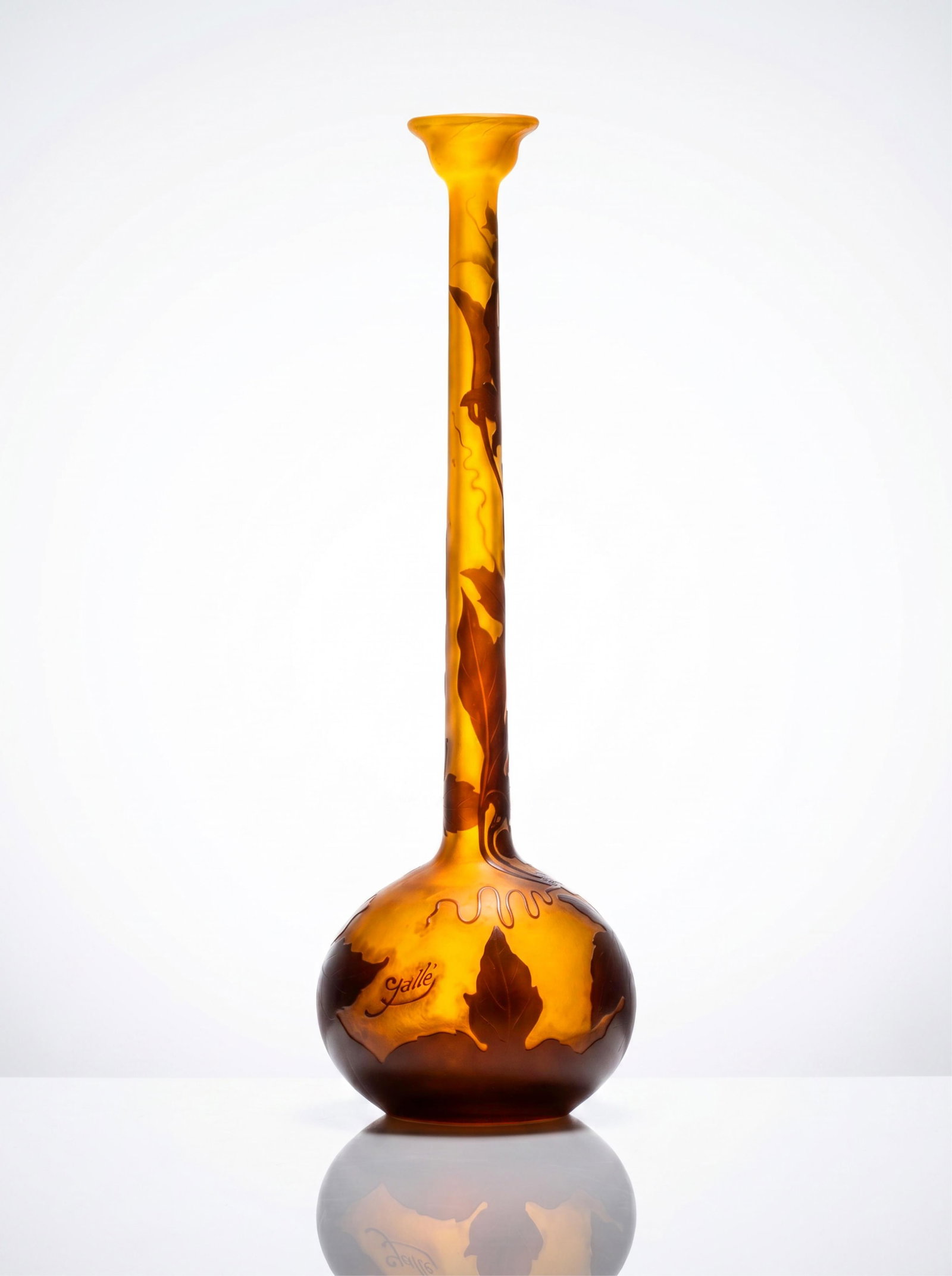Galle Signed French Art Nouveau Cameo Glass Acid Etched Tall Vase, circa 1900: Keywords: Nancy School movement, Belle Époque design, Jugendstil influence, Art glass , Botanical motif, Floral design, Turn of the century era, Late 19th century, Early 20th century, French decorati