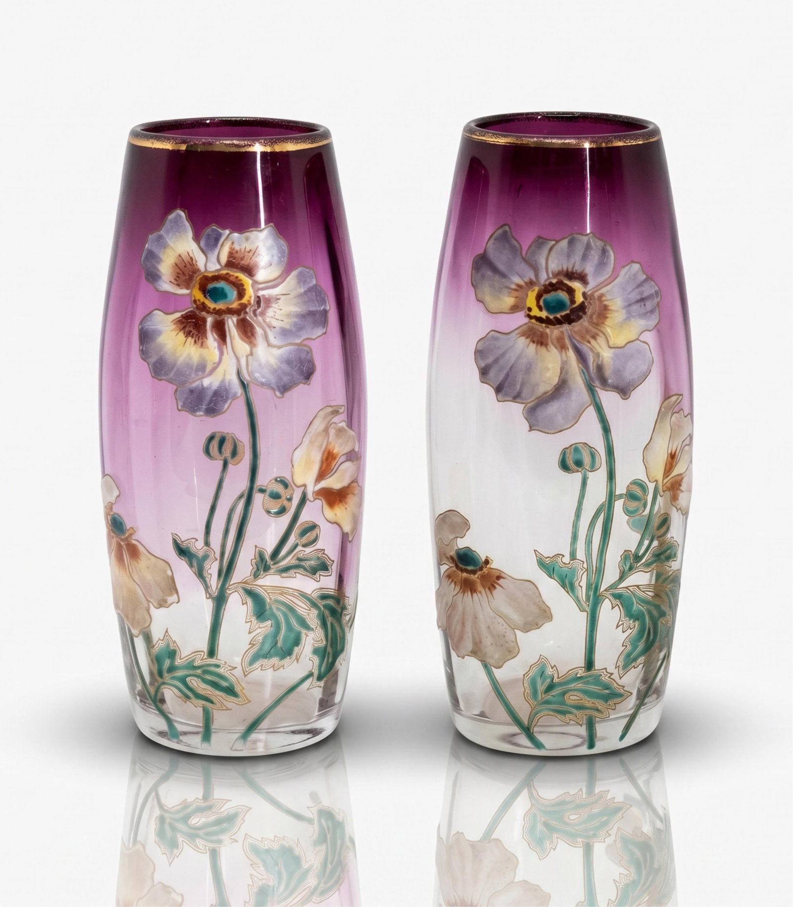 Legras Vases Art Nouveau Hand Painted Enamel Floral Design on Clear to Amethyst, unsigned: Keywords: Jugendstil movement, Belle Époque design, art glass, turn-of-the-century, floral motif styling, botanical, French decorative glass, cameo-style influence Summary: Wonderful pair of LEGRAS v