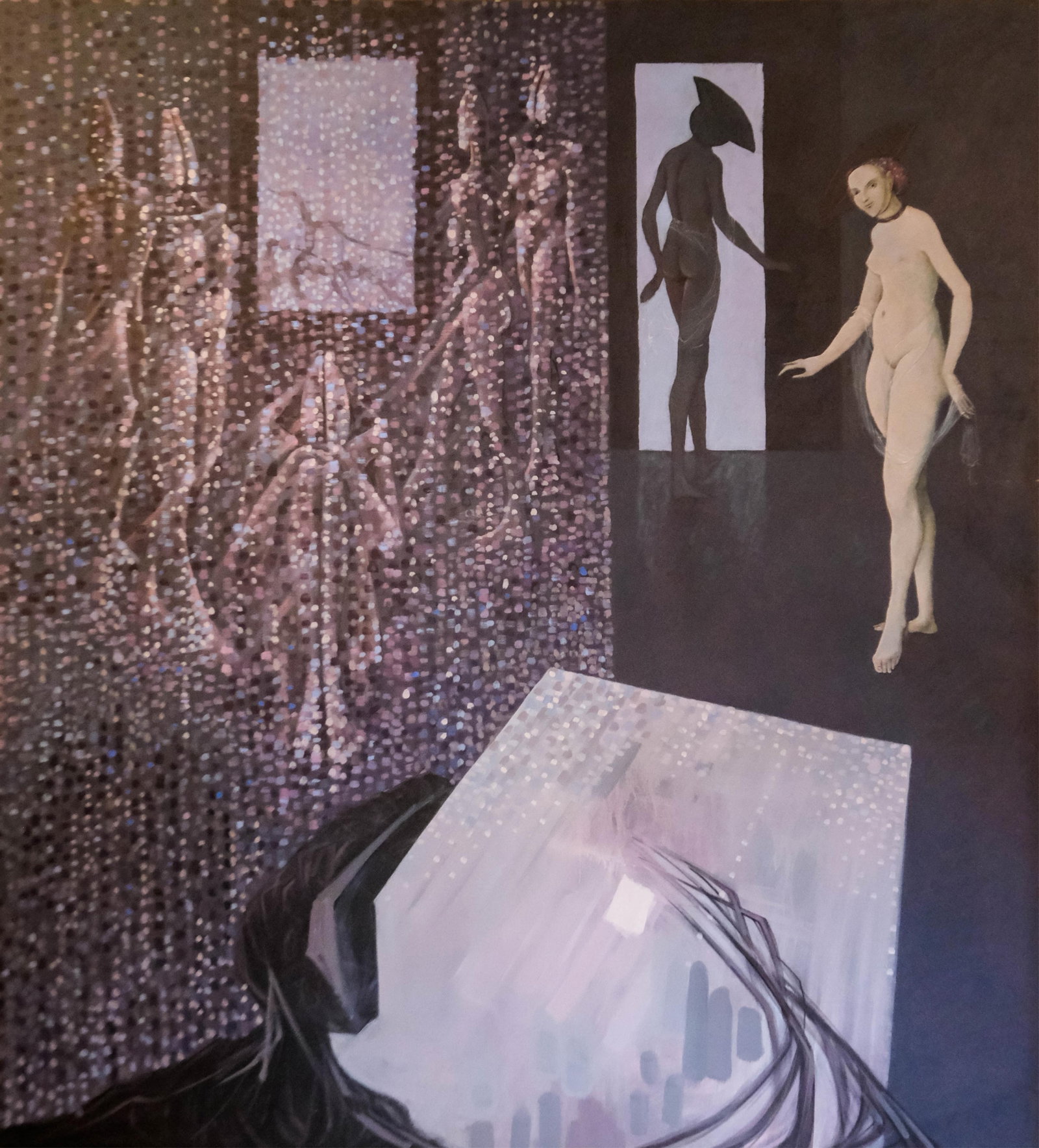 Cesare Peverelli Monumental 6.5-foot Modern School Oil on Canvas Painting, Late 20th Century: Keywords: No reserve, contemporary art, figurative, allegorical, Renaissance homage, German Renaissance influence, large-scale canvas, nude figure, architectural interior, geometric abstraction, panel