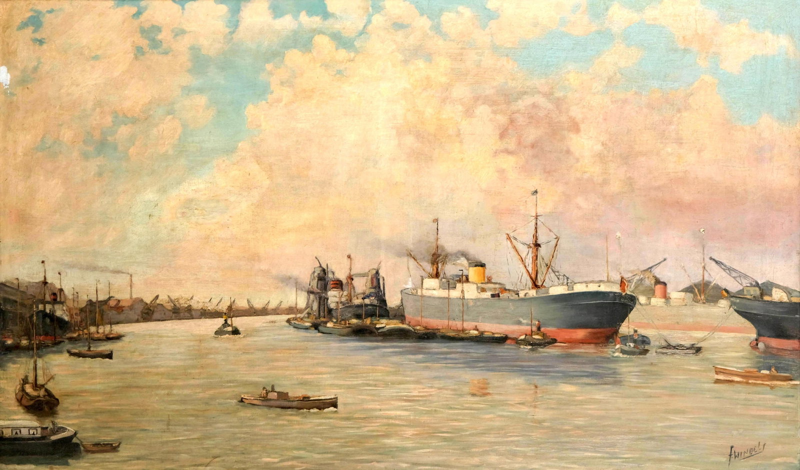 Signed F. Windels Harbor Scene, Oil on Canvas Painting, 20th Century (1 of 7)
