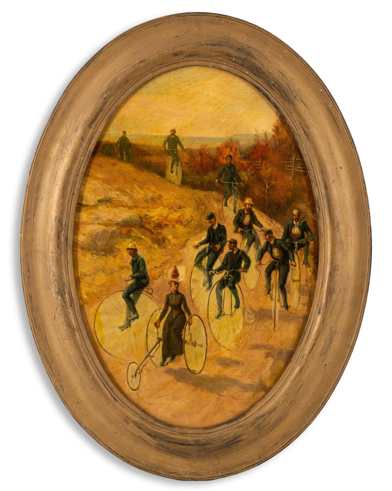 European High-Wheel Bicycle Race Oil on Panel Painting, 19th Century: Keywords: No Reserve, penny farthing, velocipede, bicycle racing, cyclists, antique cycling, genre scene, sporting art, late 19th century style, oval painting, oil on wood panel, figures in landscape,