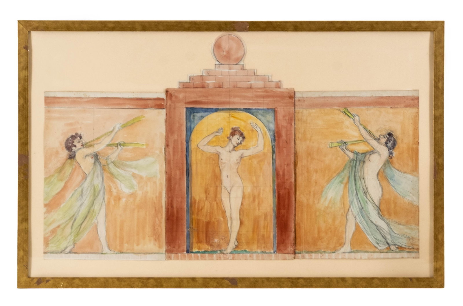 Art Nouveau Triptych Watercolor Painting and Pencil on Paper, Circa 1920's, Allegorical Figure Study: Keywords: classical nude, female form, symbolic imagery, decorative design, architectural composition, preparatory study, mural concept, watercolor and pencil on paper, early 20th century design, figu