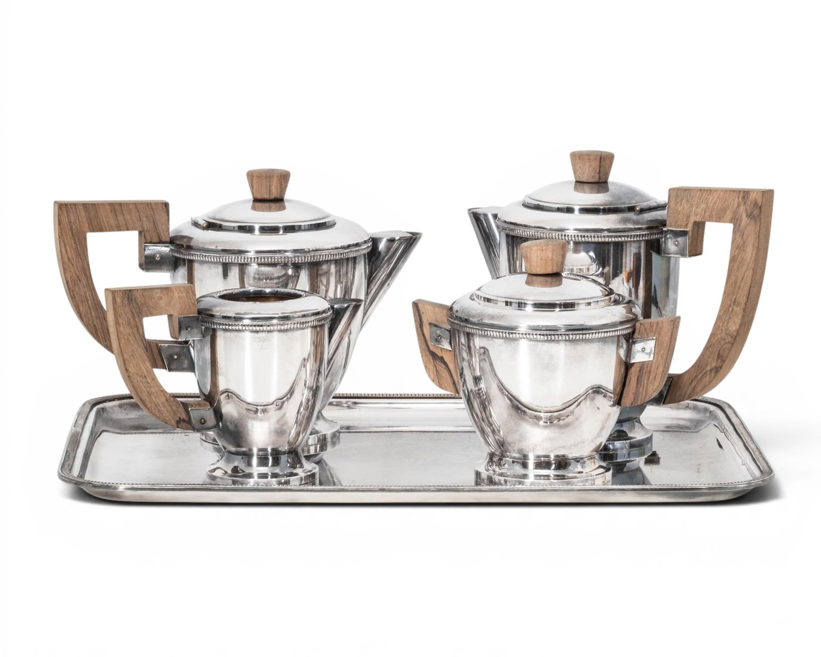 French Art Deco Silver Plate Four Piece Tea Set on Tray. Circa 1920-1930's (1 of 12)