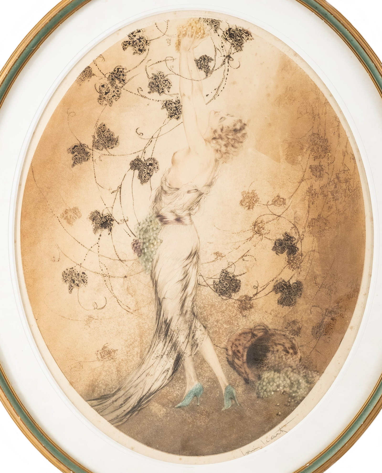 Louis Icart *Early Harvest* Art Deco Hand Colored Etching and Aquatint, Pencil Signed: Keywords: NO RESERVE, Art Deco, French School, 20th Century Printmaking, Figurative Illustration, female figure study, grape harvest, vineyard, hand colored etching, wove paper, oval composition, penc