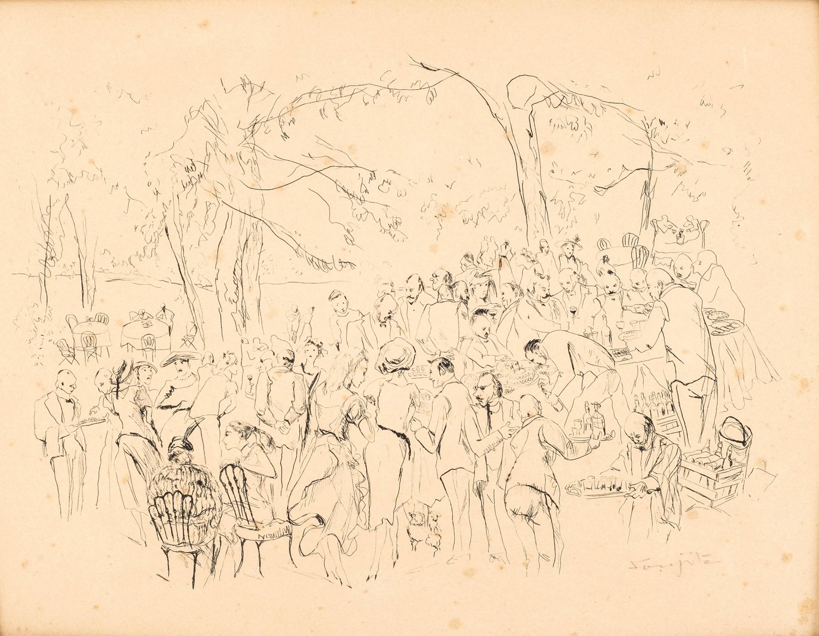 Tsuguharu Foujita Ink Drawing of Festival Scene, Signed: Keywords: Maverick Festival, French Japanese Artist, Crowd Scene, Festival, Gathering, Outdoor Scene, Woodstock Summary: Tsuguharu Foujita signed ink drawing depicting a lively outdoor festival or gat