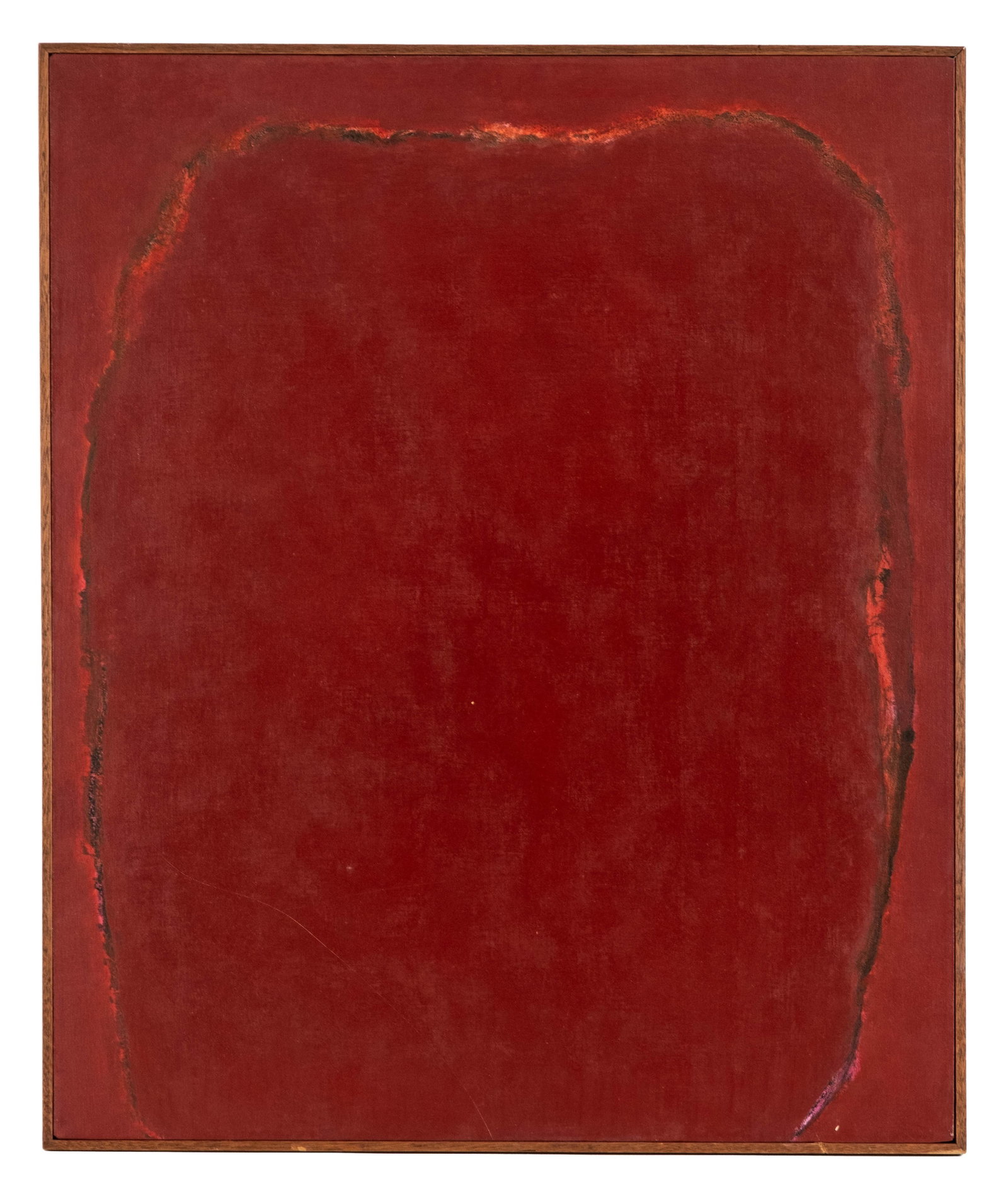 Langer Signed Abstract Oil on Canvas Rothko Style Painting, “Red Response II, 1974: Keywords: NO RESERVE, Abstract Expressionism, Color Field, Monochrome Red, Modernist, Minimalist, Contemporary Art, Large Scale Canvas, Signed Verso, Titled Verso, Red Composition, Textural Surface, R
