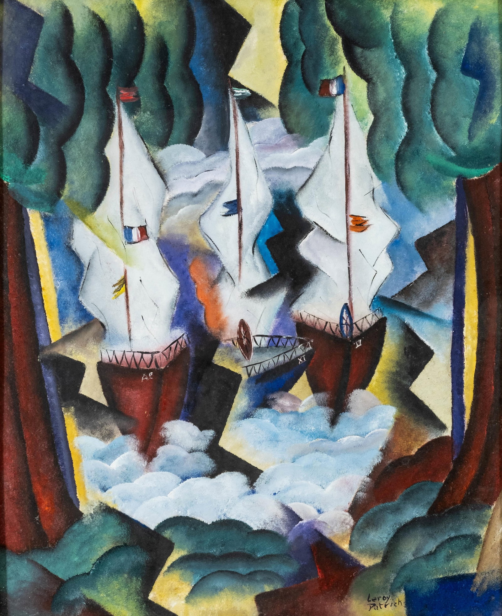 Patrick Leroy, Art Deco Style Cubist Composition with Three Sailboats, Oil on Board Painting: Keywords: cubism, modernism, geometric abstraction, avant garde, early 20th century style, european modernist influence, maritime subject, sailing vessels, abstract landscape, nautical theme, angular 