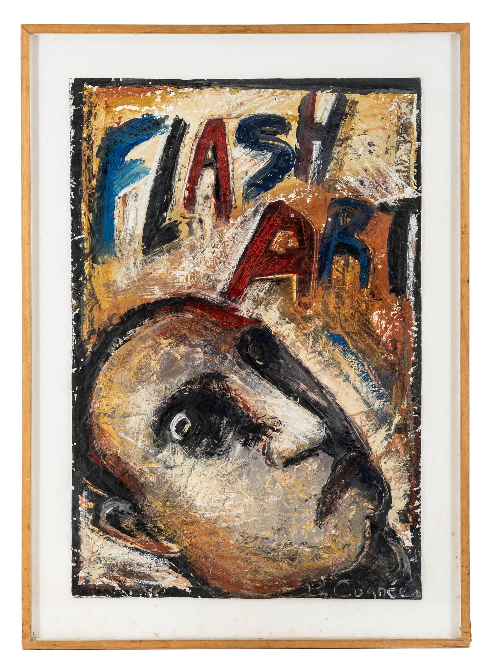 Philippe Cognée, Sans Titre (Projet d’Affiche pour Flash Art), 1985, Acrylic on Paper, Signed,: Keywords: Contemporary art, French contemporary, 1980s painting, neo expressionism, figurative abstraction, mixed media style, graphic composition, portrait study, art publication reference, text base
