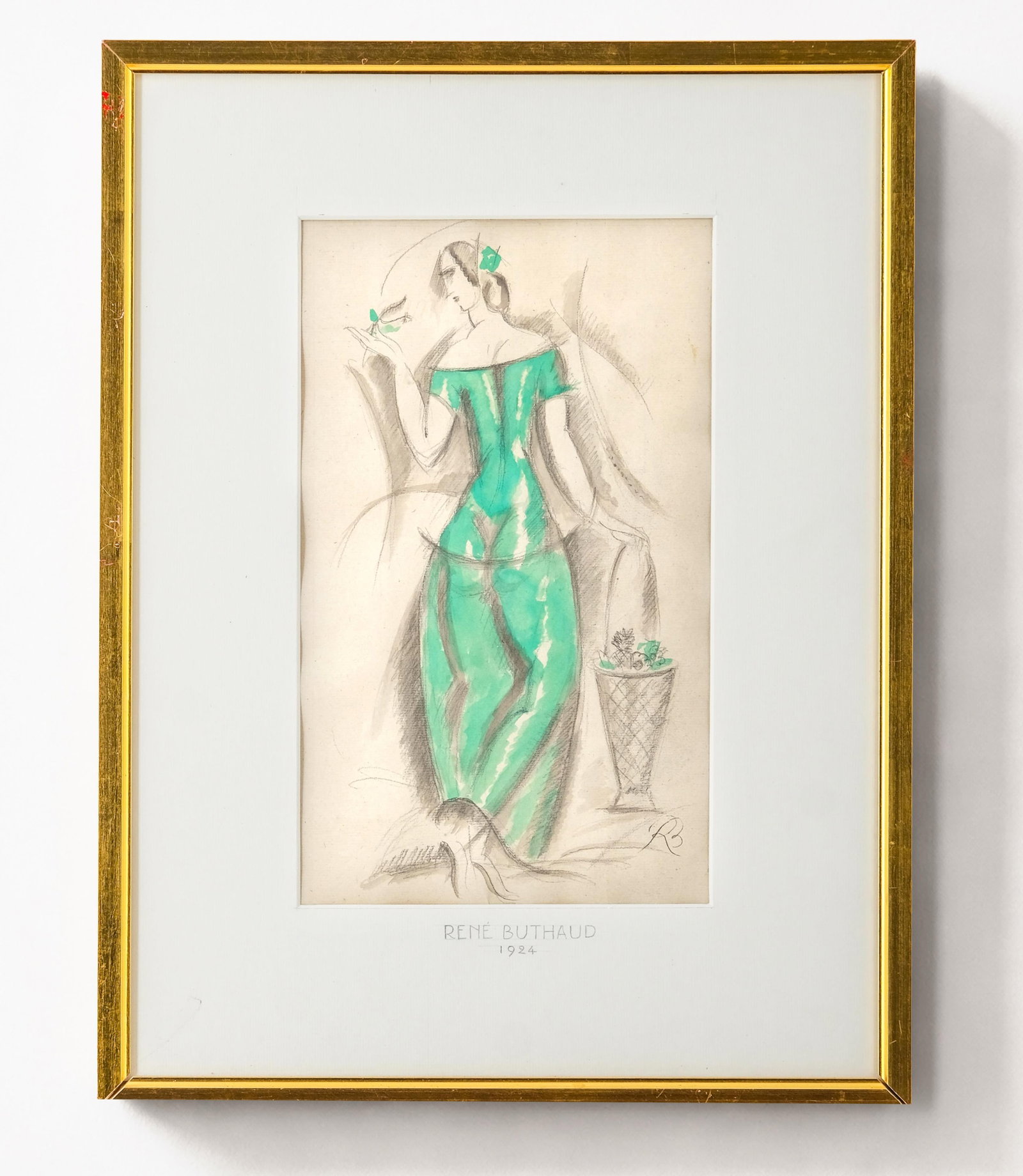 René Buthaud Art Deco Gouache & Pencil on Paper Painting, Signed, 1924: Keywords: Art, Painting, Gouache, Pencil, Paper, Rene Buthaud, Signed, Art Deco, Woman, Green dress, Decorative, Collectible, 20th century, Original artwork, Fine art Summary: Rare Rene Buthaud, Art D